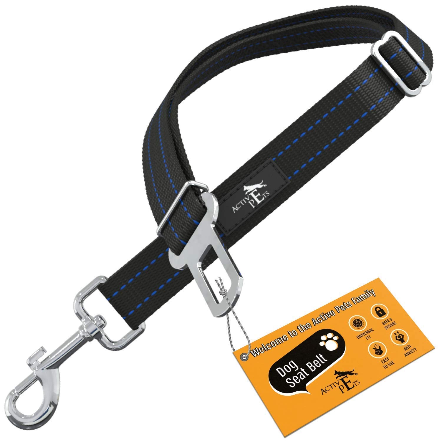 Active Pets Blue Car Seat Belt for Dogs, Attaches to Harness & Collar, Adjustable 18 - 24 Travel Restraint System Fits Small - L