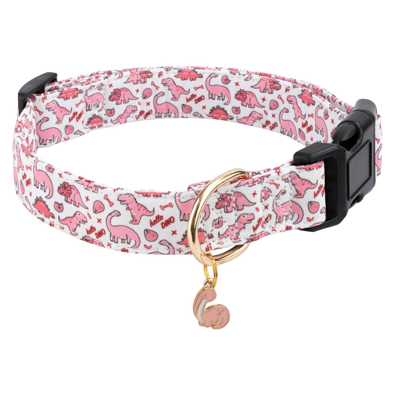 Gelwoo Cotton Dog Collar,Soft and Cute Puppy Collars with Pink Dinosaur Patterned Design for Girl Female Boy Dogs,Adjustable Buc