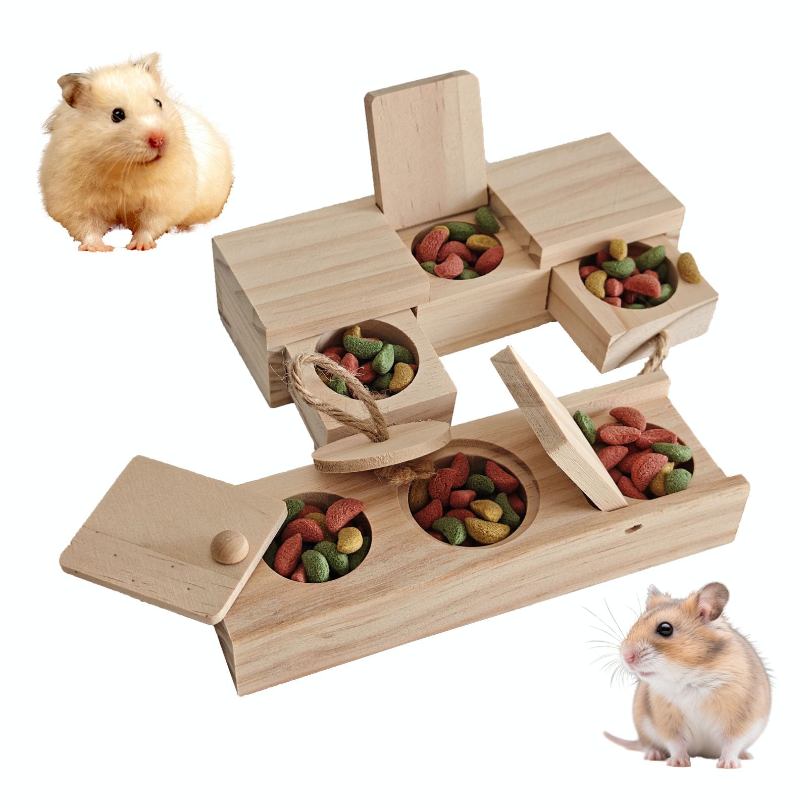 JINYOND 2 PCS Wooden Foraging Toys for Guinea Pigs Hamsters Chinchillas Natural Pinewood Puzzle Feeder with Drawers & Ropes Smal