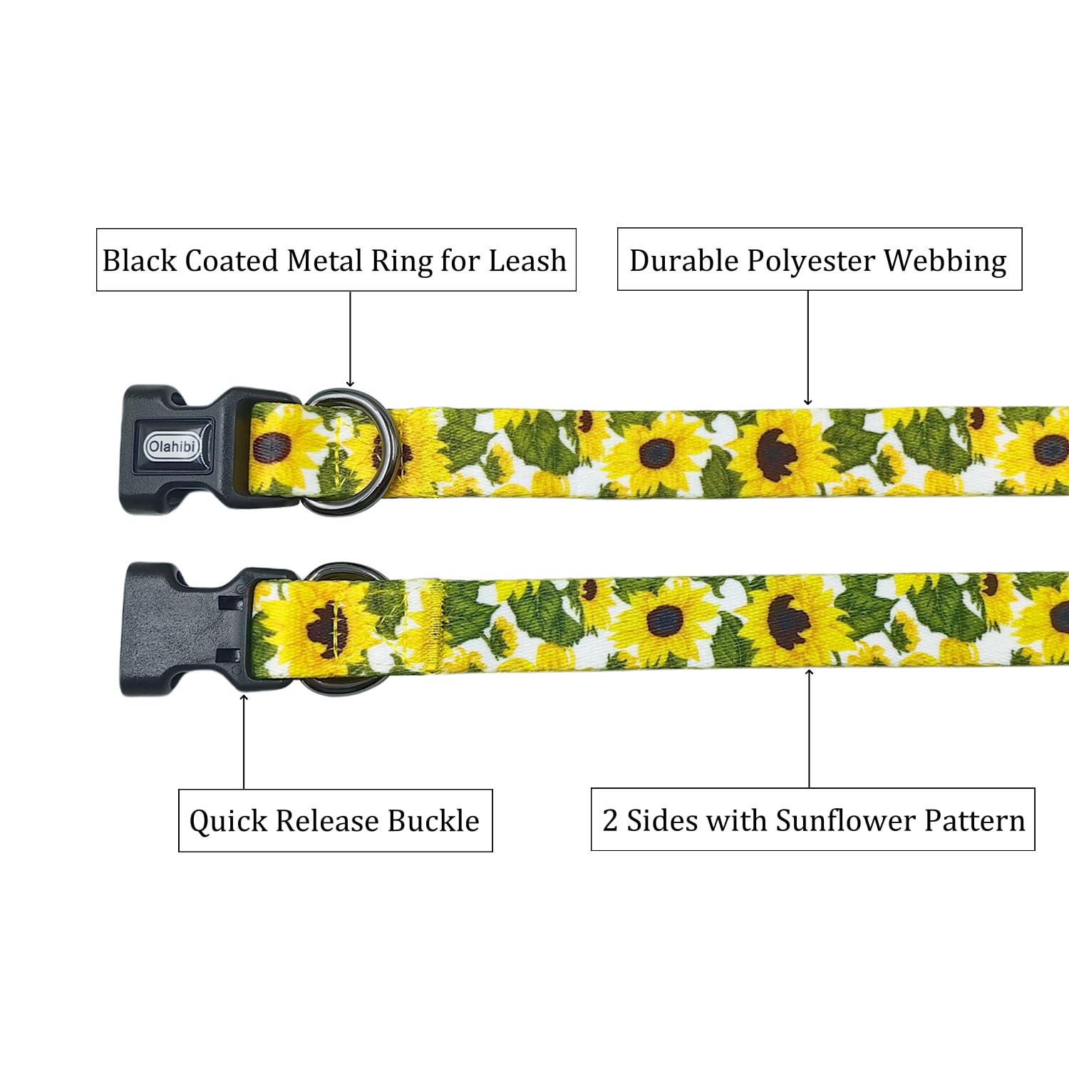 Olahibi Dog Collar Leash Set, Floral Pattern, 5Ft Matching Leash, Polyester Material, 4 For Small Medium Large Dogs.(M, Sunflowe