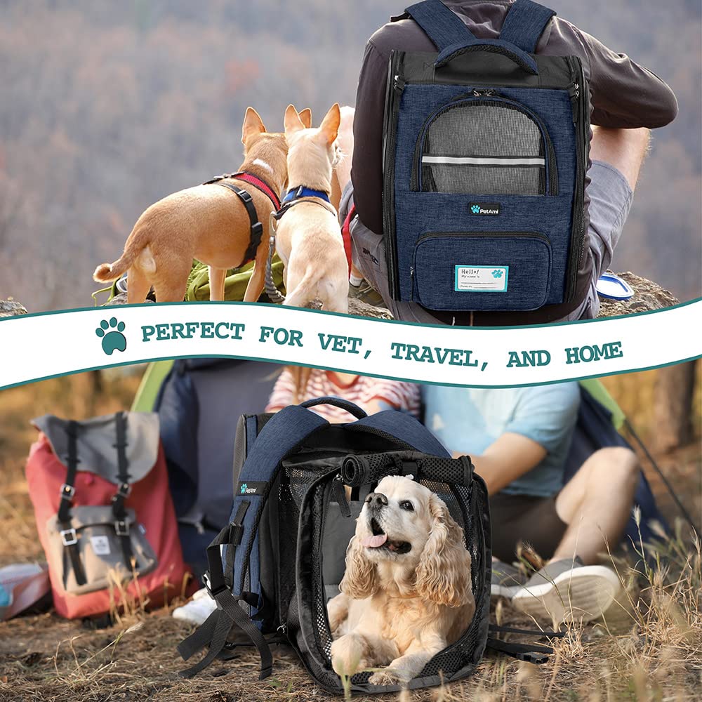 Petami Dog Cat Backpack Carrier, Expandable Pet Carrier Backpack For Travel Hiking, Small Medium Dog Puppy Large Cat Carrying Backpack, Airline Approved Ventilated Soft Back Support, 18 Lbs, Navy