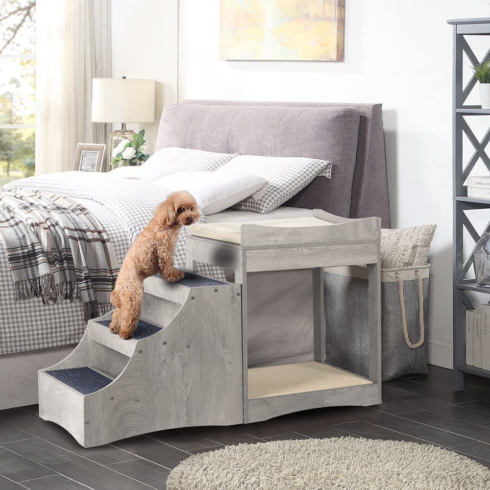 unipaws Pet Bunk Bed with Removable Stairs for Dogs and Cats, Multi-Level Bed Window Perch Seat Platform with Cushion and Cat Sc
