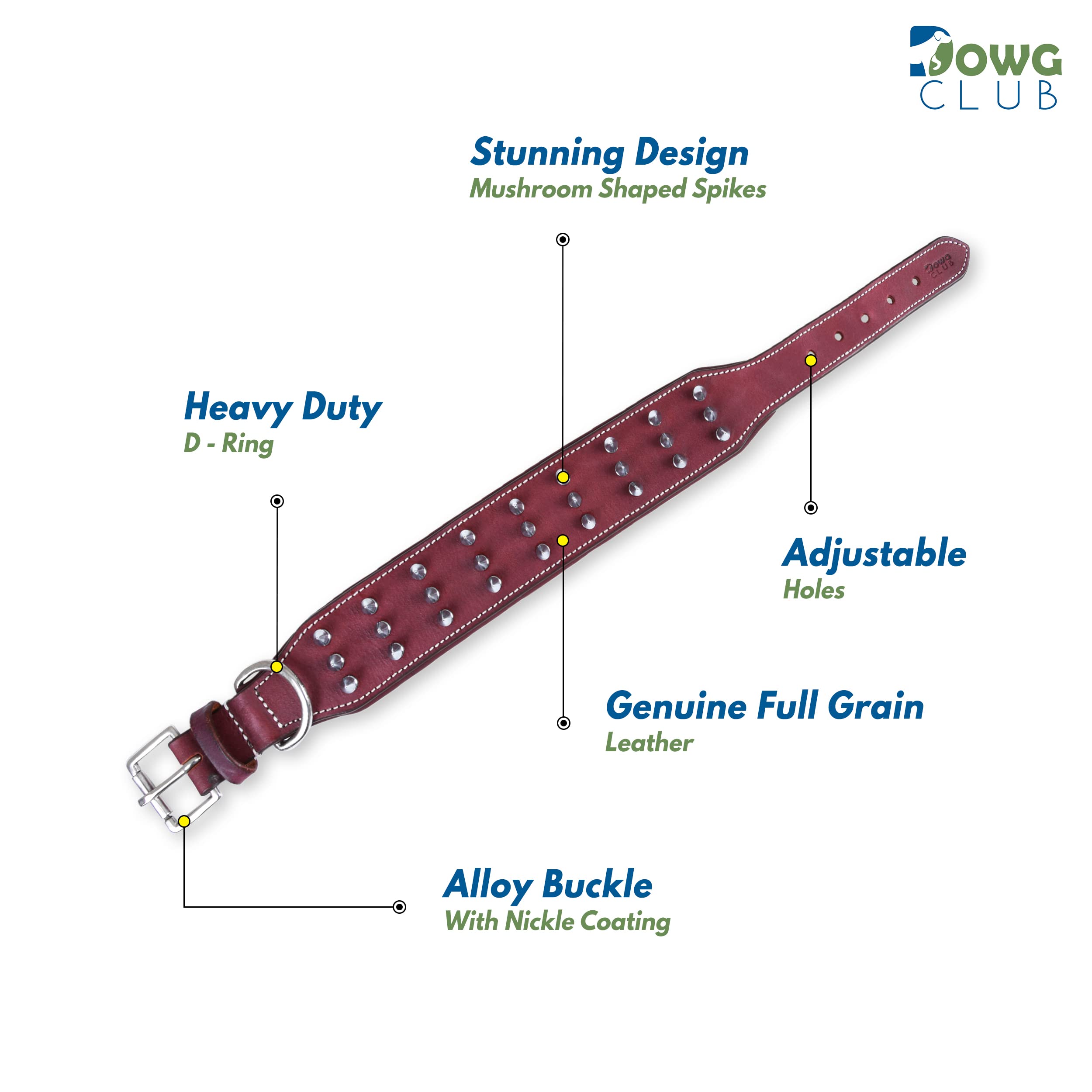 Dowgclub | Genuine Leather Spike Dog Collar | Full Grain, Heavy Duty | Comfortable, Strong, Best For Medium, Large, Xl Breeds |
