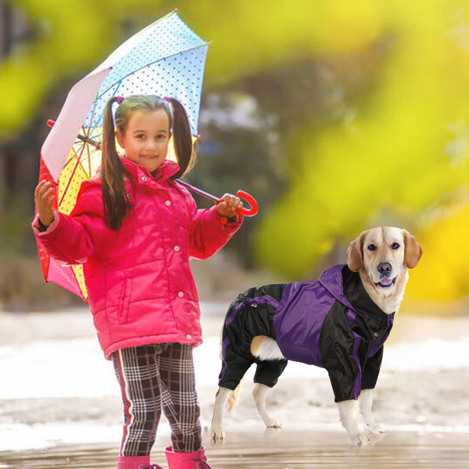 OUOBOB Dog Raincoat - Waterproof Medium Pet Poncho, Purple, Adjustable 4 Legs, Lightweight Polyester with Hood and Leash Hole