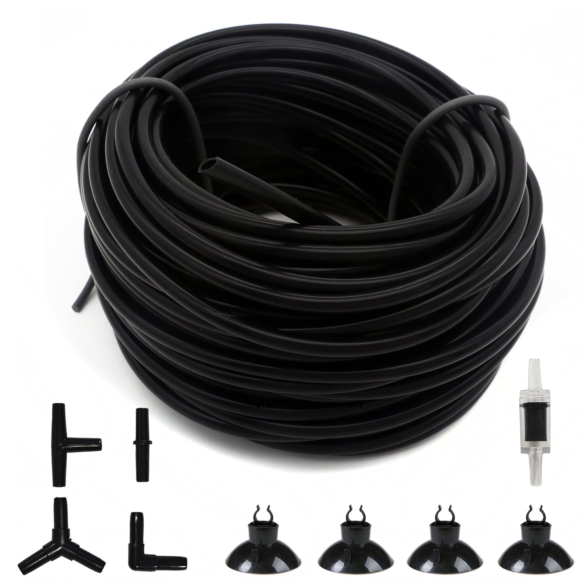 Alegi 100 Feet 3/16 Inch Standard Aquarium Silicone Airline Tubing With Check Valves, Suction Cups And Connectors For Fish Tank,