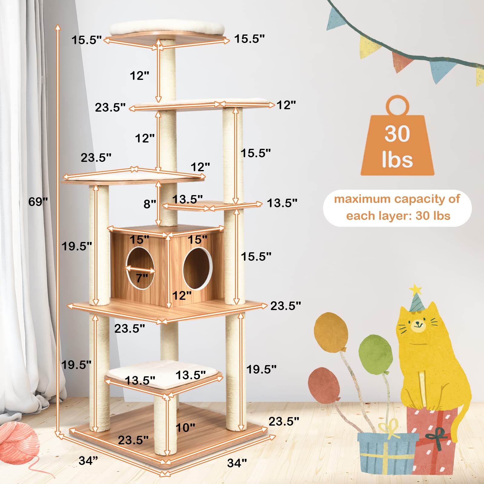 Petsite Tall Cat Tree For Indoor Cats, 69 Inches Multi-Level Modern Cat Tower With Plush Perch, Cozy Condo, Platforms, Sisal Scr