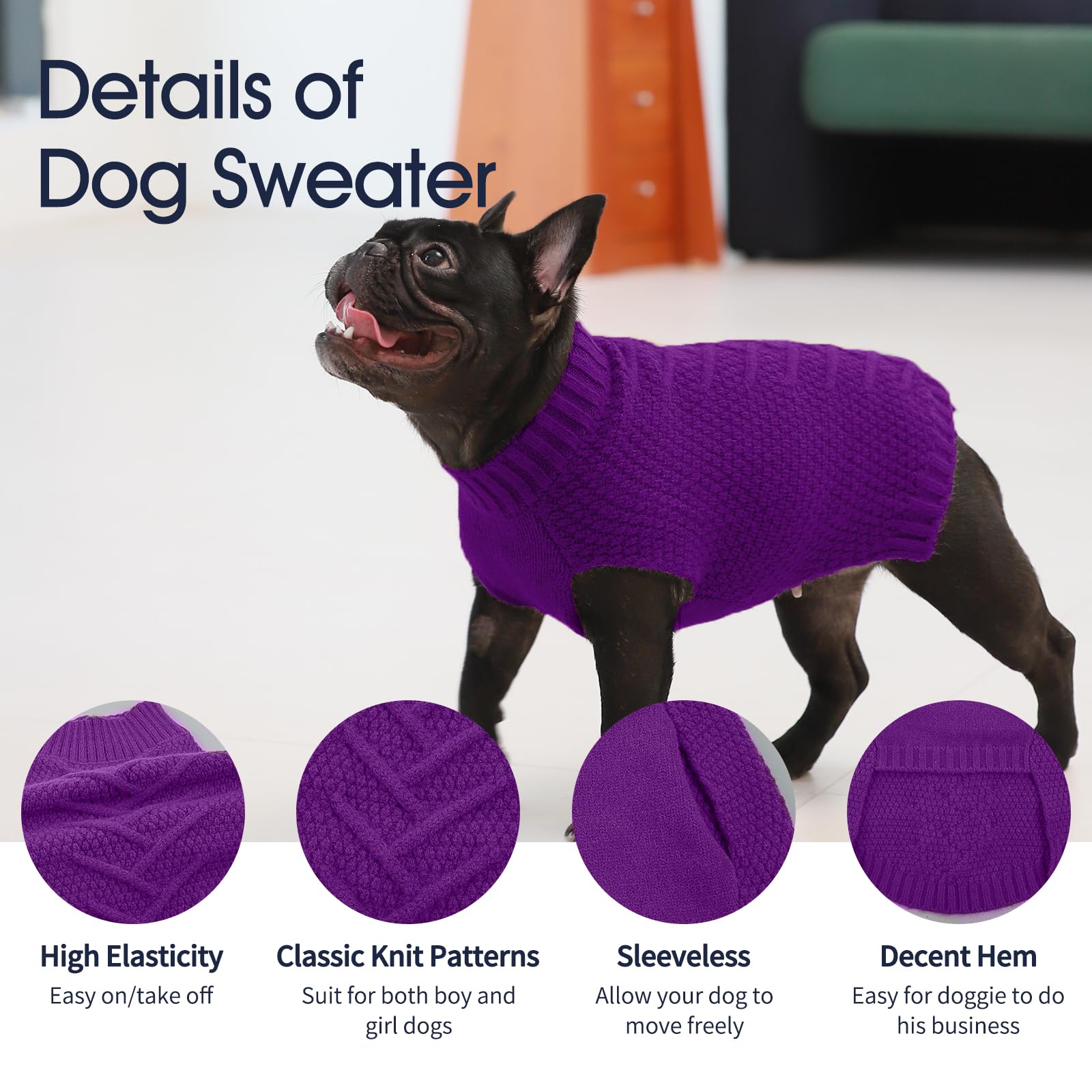 Iecoii Dog Sweater - Warm Sleeveless Pullover For Large Dogs, Purple - Winter & Fall Coat For French Bulldog