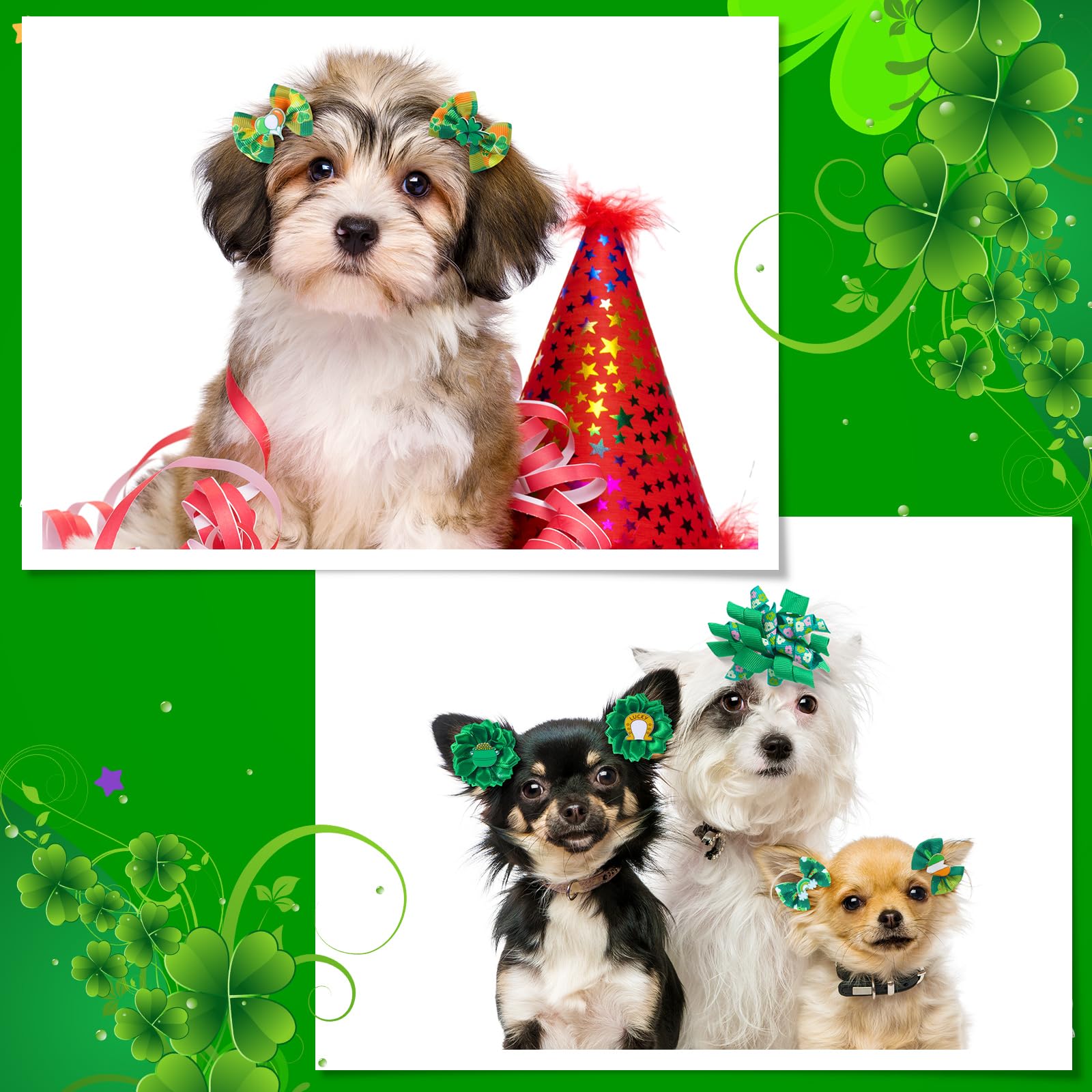 Wavwavw 52 Pieces St Patrick'S Day Bulk Dog Hair Bows With Rubber Bands St Patrick'S Day Dog Grooming Shamrock Bows Holiday Iris