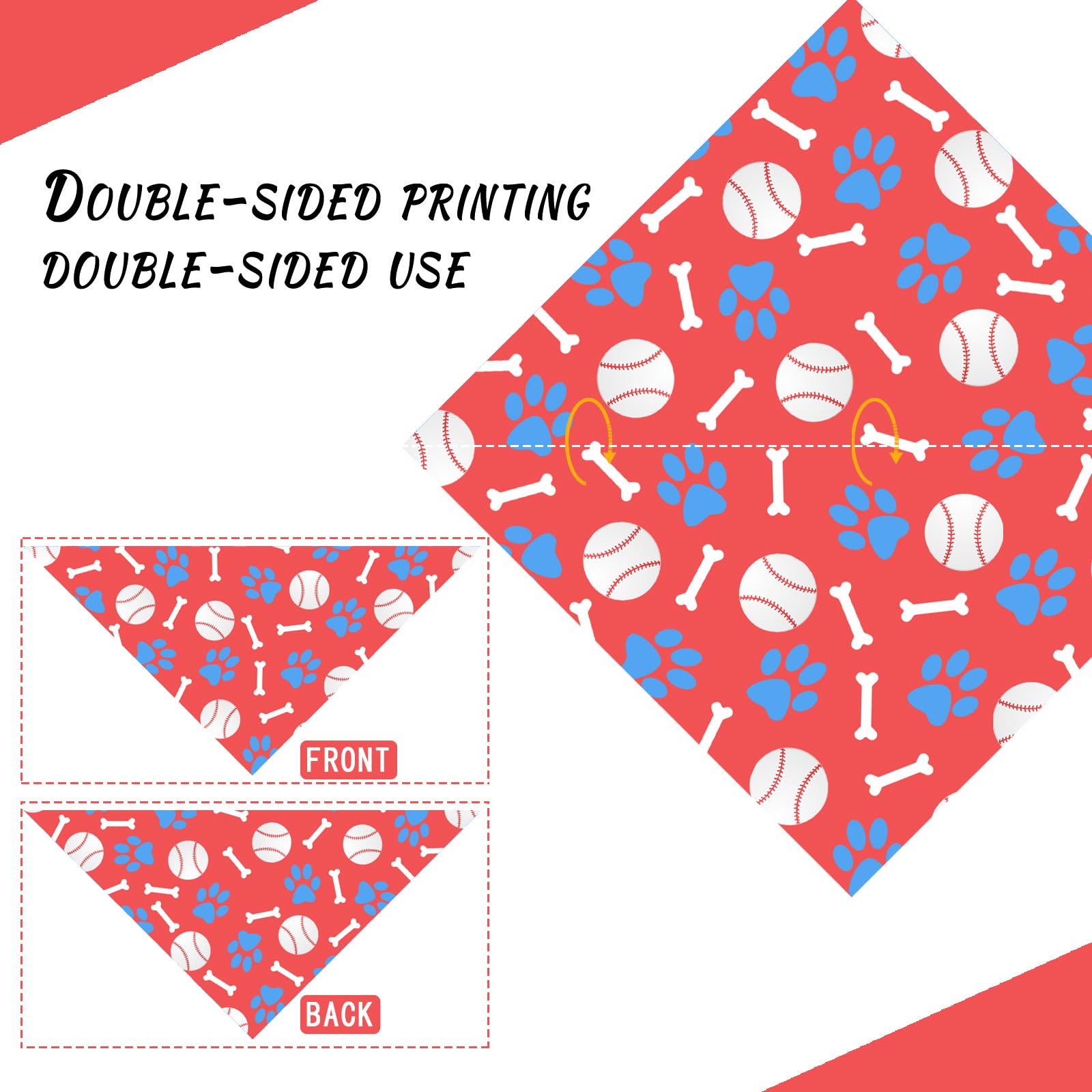 Liboom - Baseball Dog Bandana Washable Pets Scarf Triangle Adjustable Handkerchief, Double Sided Printing, Red, Blue Paw Bone (L