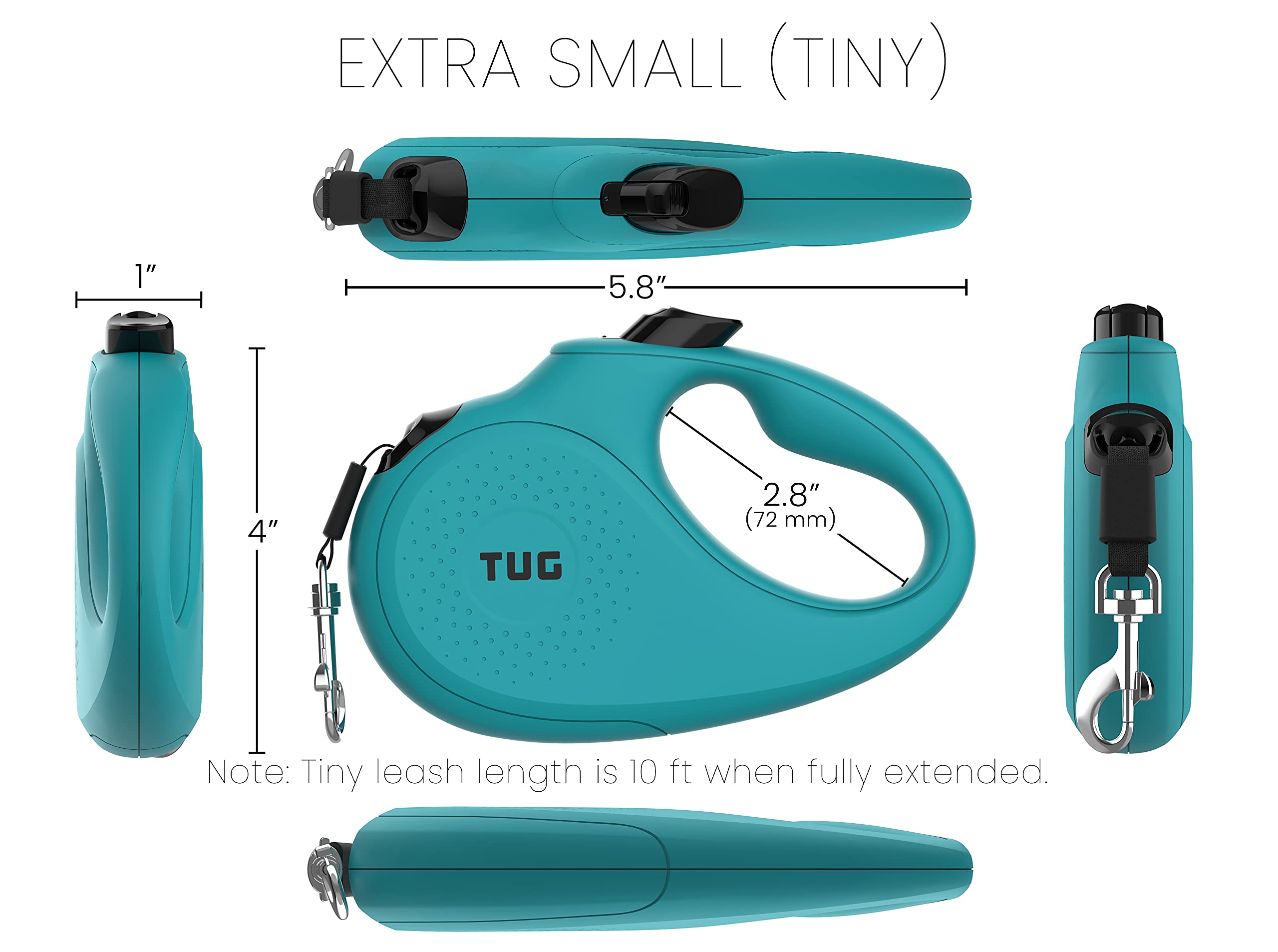 Tug Monochrome Tiny 360 Tangle-Free Retractable Dog Leash | Cat Leash | 10 Ft Strong Nylon Tape (Tiny, Aqua)