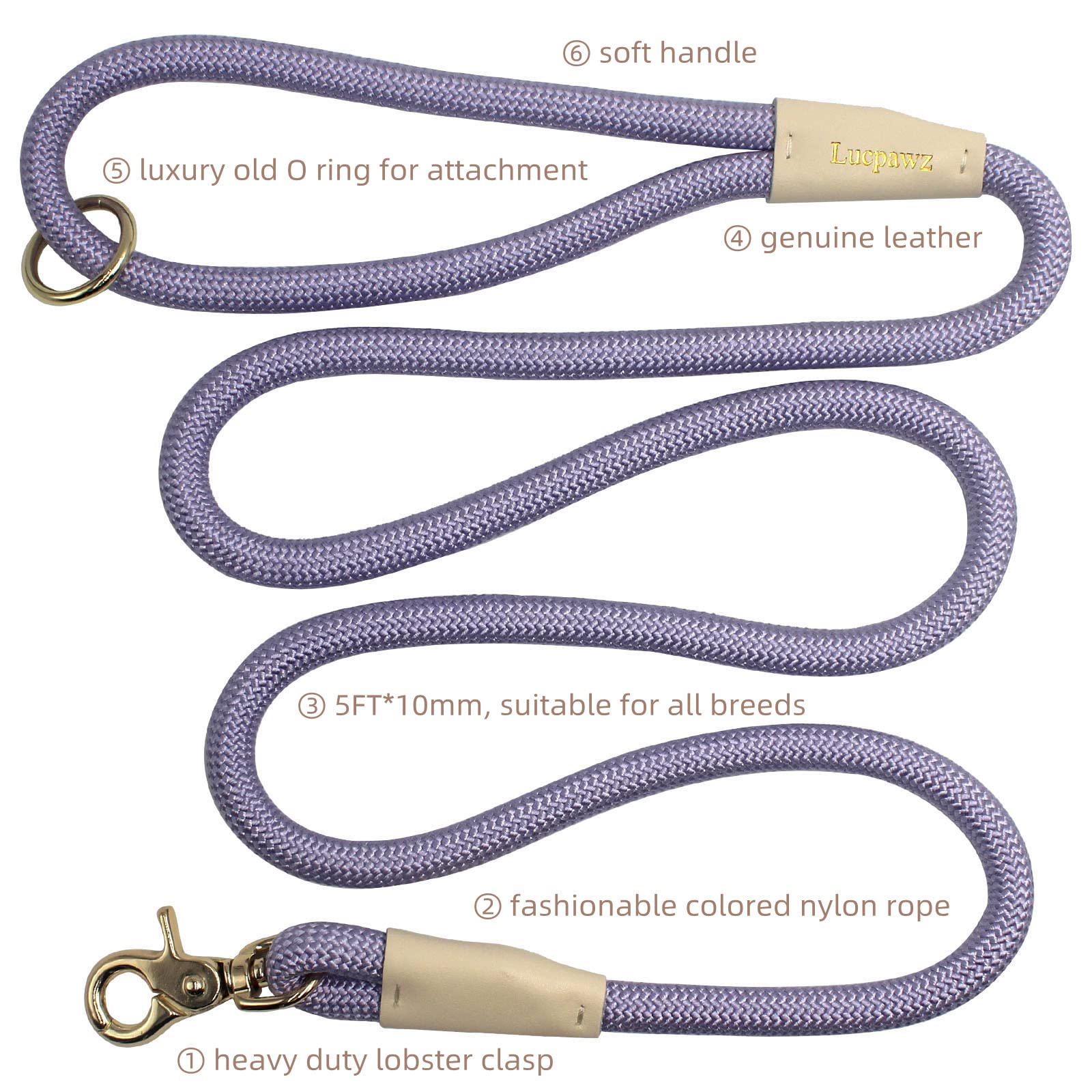 Lucpawz Lobster Snap Pet Leash 5Ft, Special Strong Nylon Rope Dog Leash, Solid Color Rope Dog Lead For All Breeds(Purple,5Ft*10M
