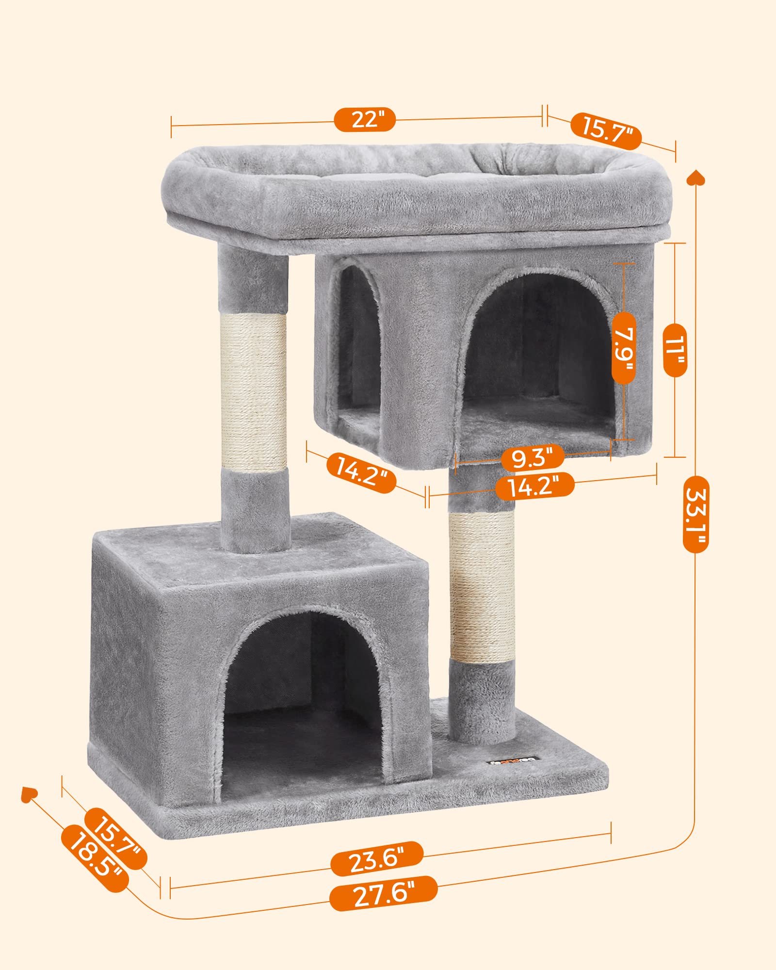 Feandrea Cat Tree, 33.1-Inch Cat Tower, Large for Cats up to 16 lb, Light Gray, 2 Cat Caves, Scratching Post, Model UPCT61