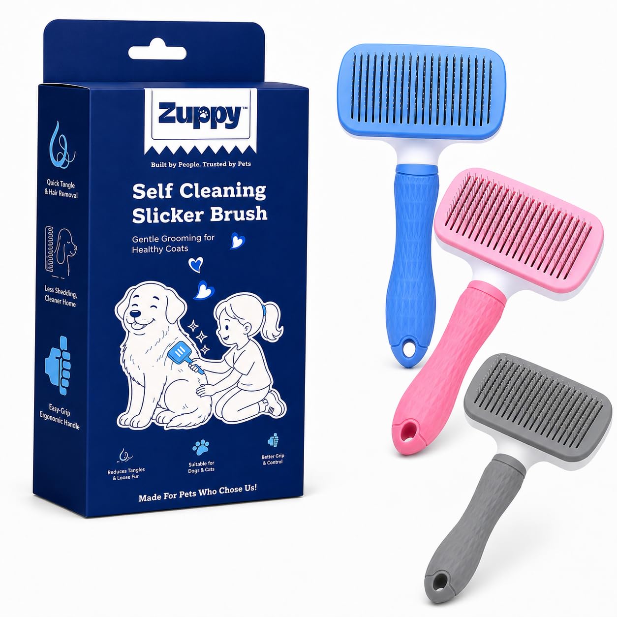 Zuppy Self Cleaning Slicker Brush For Dogs And Cats, Rounded Stainless Steel Pins For Shedding, Detangling And Undercoat Groomin