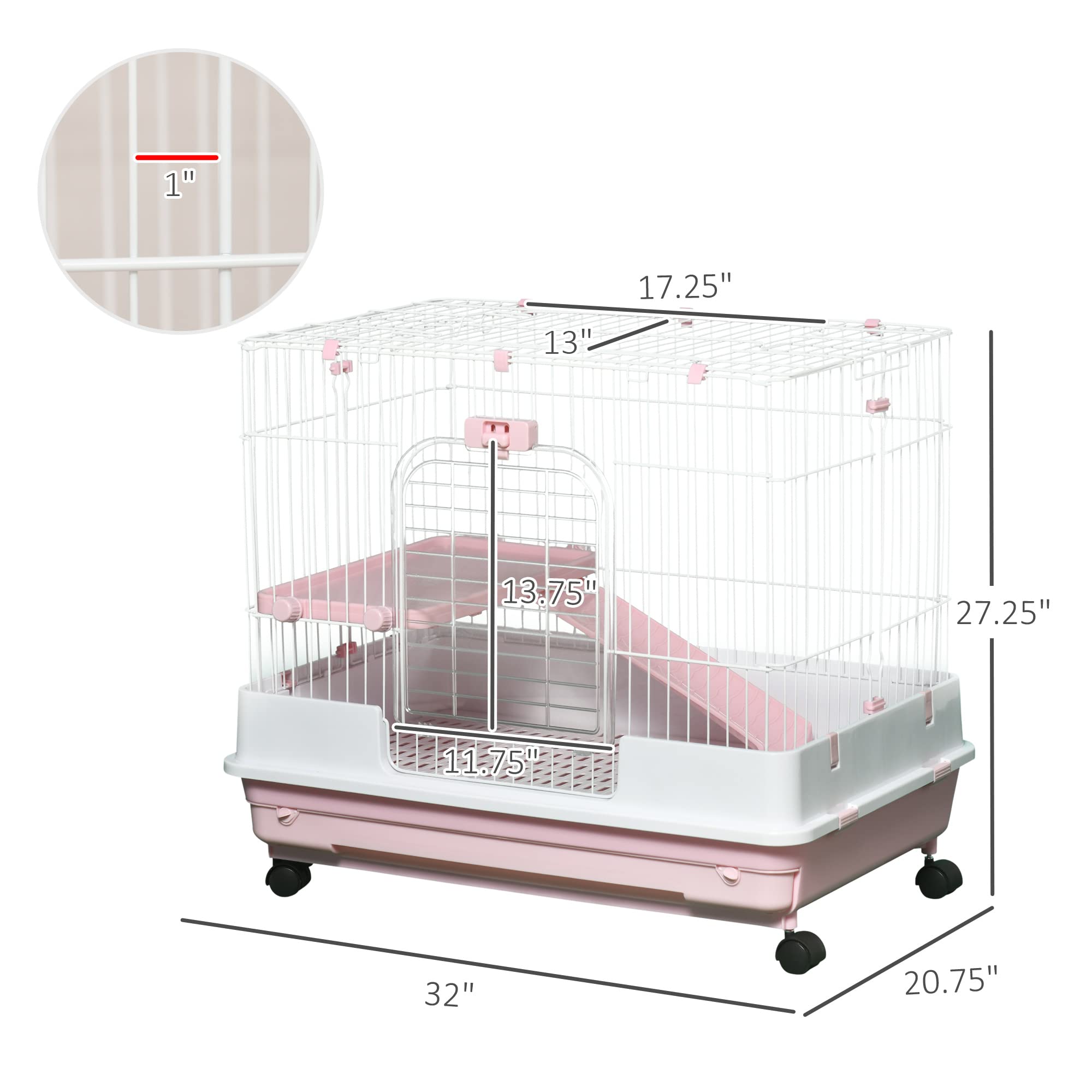 Pawhut 2-Level Small Animal Cage Rabbit Hutch With Wheels, Removable Tray, Platform And Ramp For Bunny, Chinchillas, Ferret, Pink
