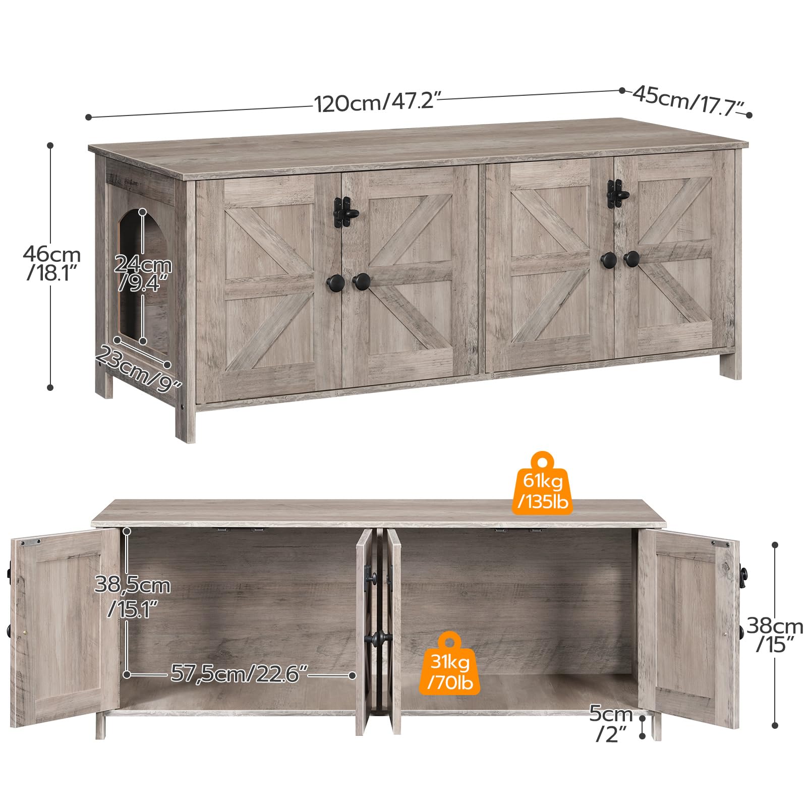 Hoobro 47.2'' Litter Box Enclosure For 2 Cats, Hidden Litter Box Furniture With Double Rooms, Wooden Cat Litter Box Enclosure, D