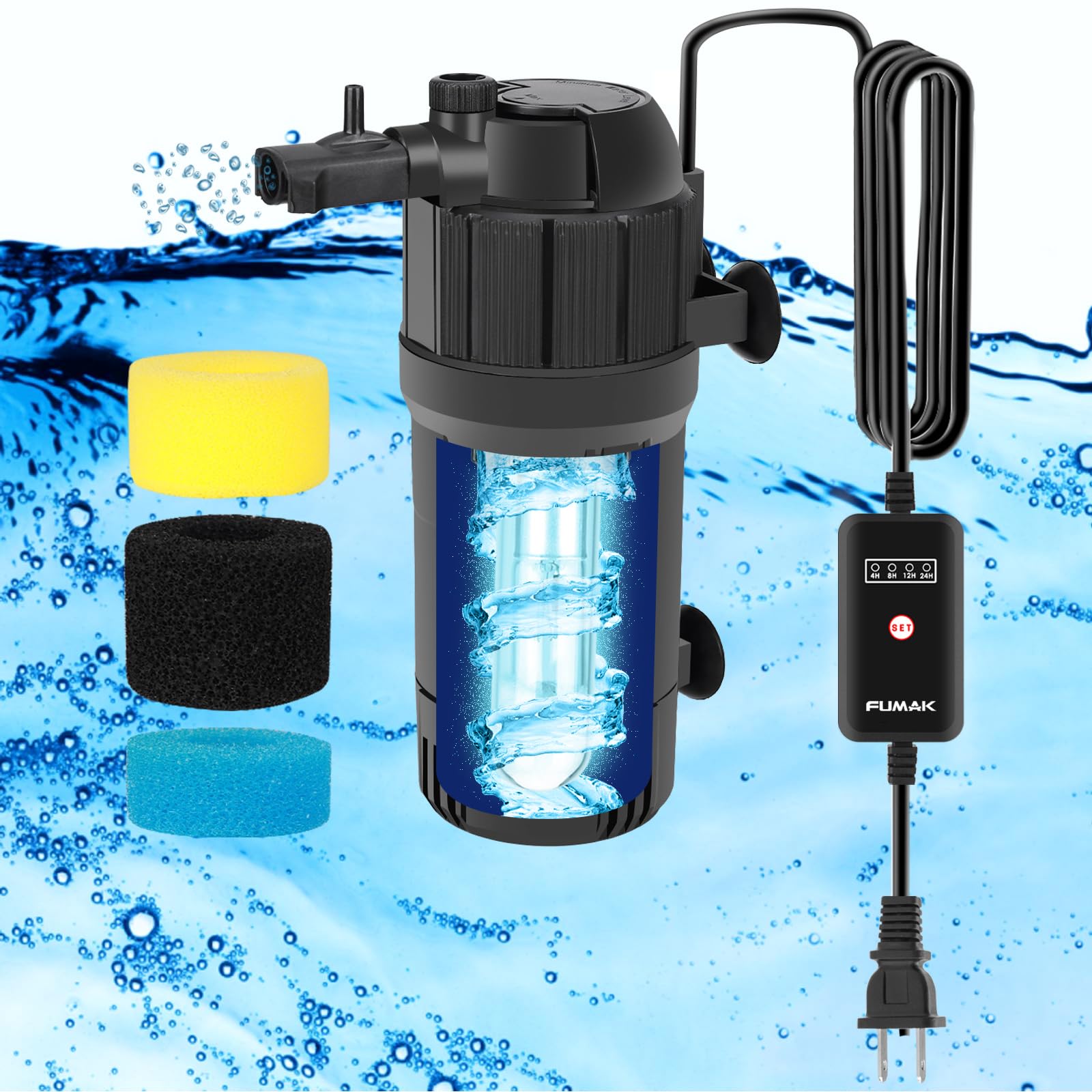 Fumak U - V Aquarium Filter For Green Water, Fish Filter With Timer, Dual Mode(Aeration/Rainfall) For 10-40 Gallon Tanks, Flow R