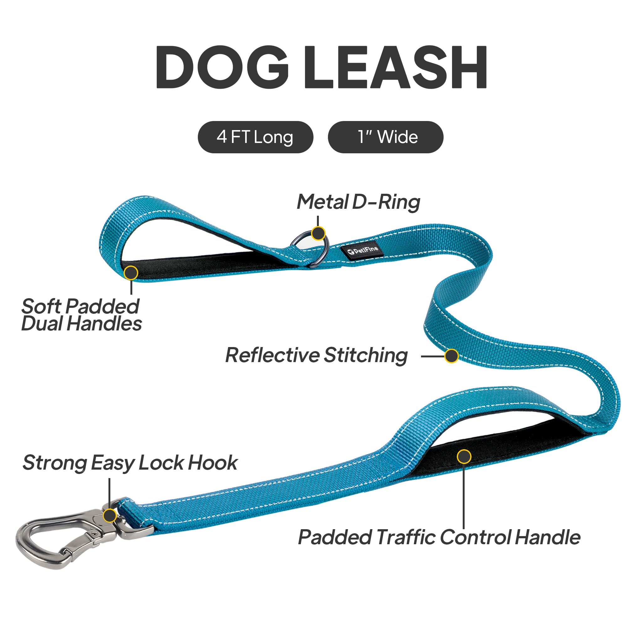 PetiFine Heavy Duty 4FT Dog Leash, Soft Padded Double Handle, Reflective Nylon, Blue