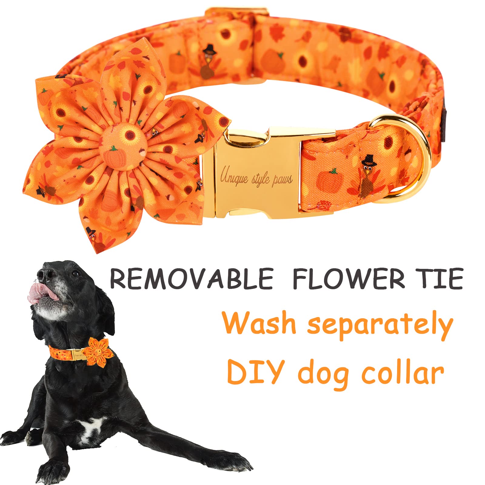 Unique Style Paws Halloween& Dog Collar With Flower Tie Pumpkin Cotton Collar Adjustable Puppy Collar Best Thanksgiving Gift For Small Medium Large Dogs-Turkey & Pumpkin Theme-Xl