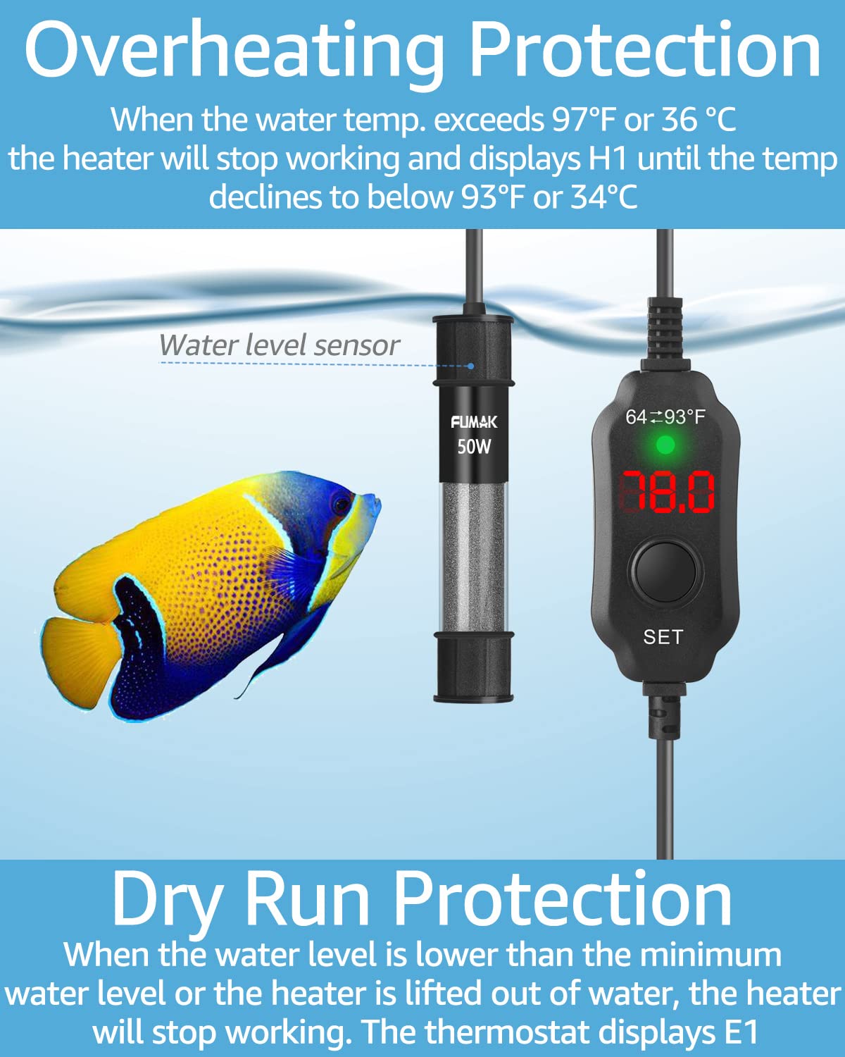 Kulife Fumak 50W Adjustable Aquarium Heater Super Short Submersible Fish Tank Heater Fish Heater With Led Digital Display Thermostat, For Tanks 5-10 Gallons