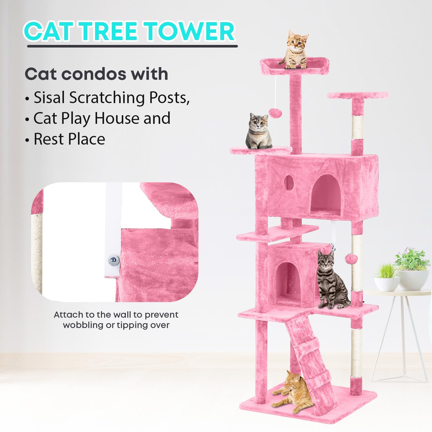 Fdw Cat Tree 70In Cat Tower Multi-Level Durable Cat Scratching Post & Cozy Fun Cat Jumping Platform Space Saving Cat Condo Pet Play House For Indoor Cats,Pink