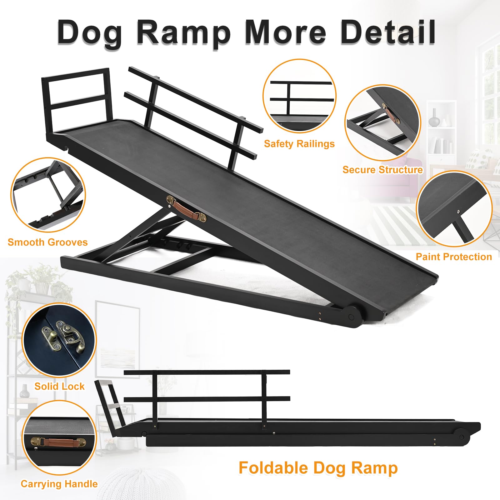 Meulbaty Dog Ramp for High Beds, Adjustable 15"-28" Height, Wood, Black, Model L