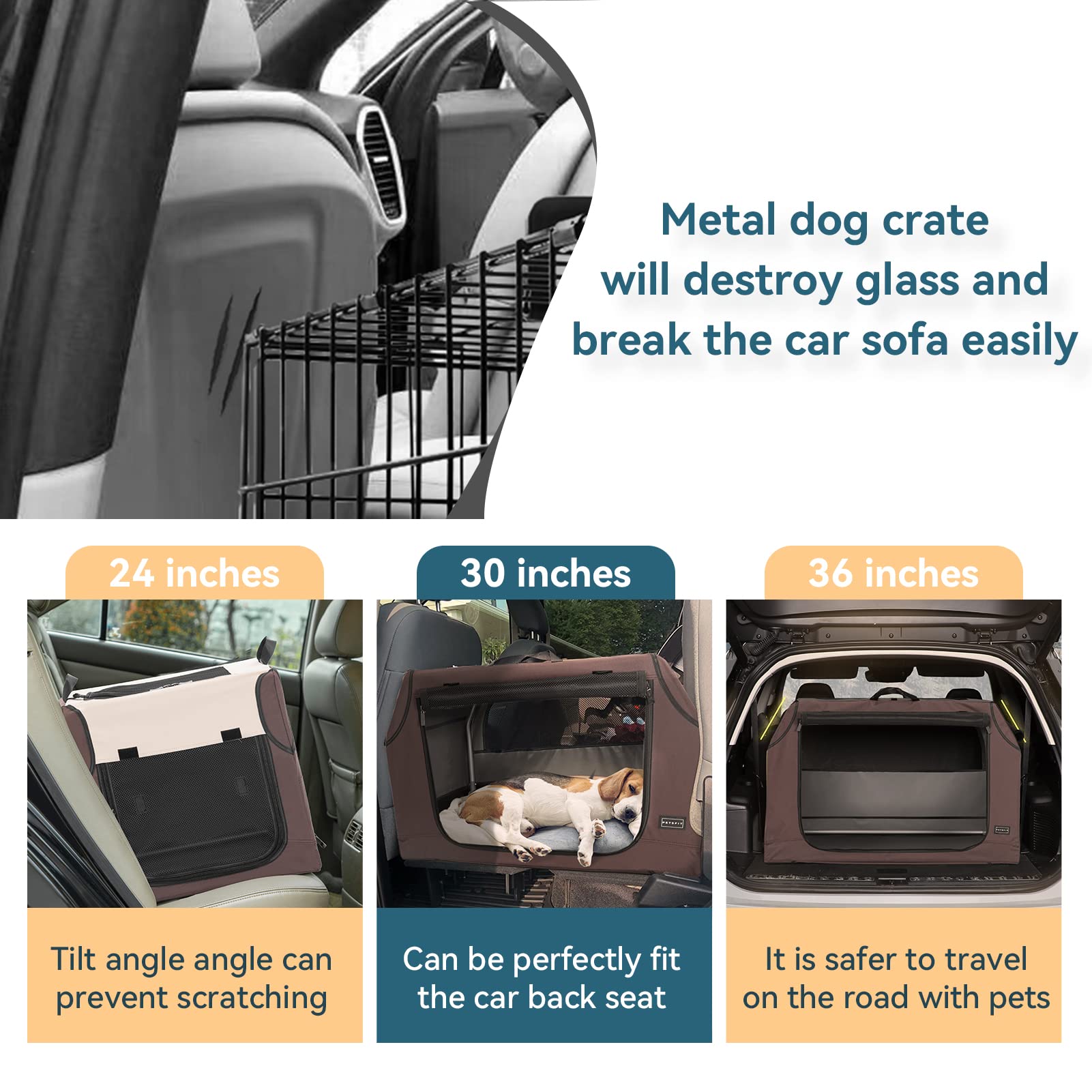 Petsfit Soft Dog Crate With Tilt Angle 30 Inch, Fit For Car Seats And Trunks, Multiple Carrying Options, Chew Proof Ideal For Dog Travel
