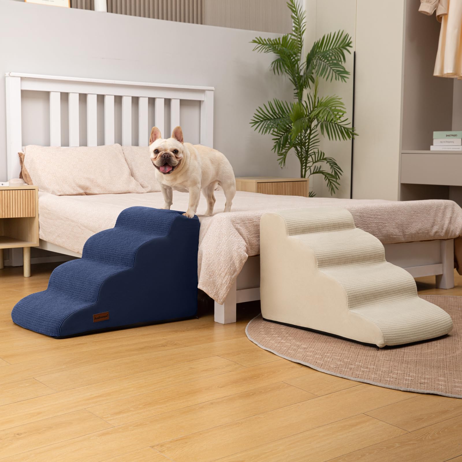 Aodisman 4-Step Dog Stairs and Ramp for Beds or Couches,Non-Slip Sturdy Pet Steps for Small Dogs and Cats,17.4 H,Blue