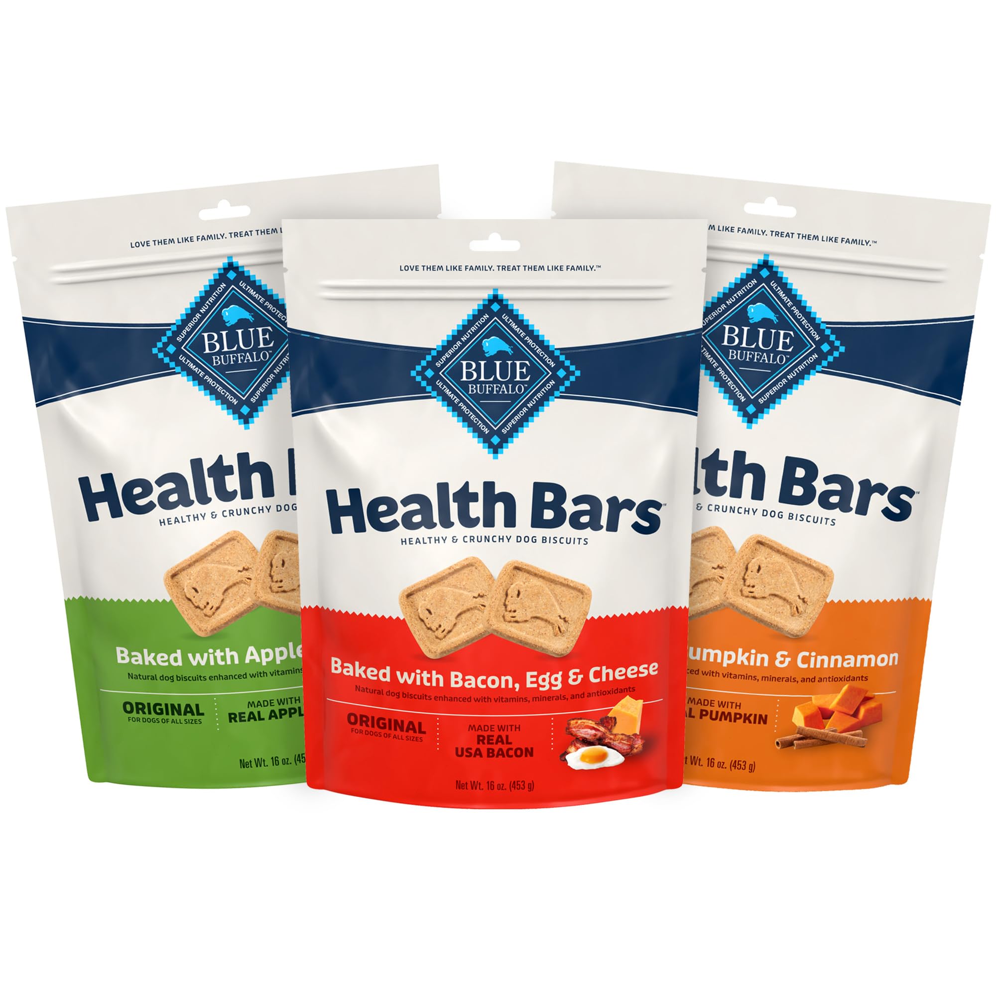 Blue Buffalo Health Bars Natural Crunchy Dog Treats Biscuits, Apple & Yogurt, Pumpkin & Cinnamon, and Bacon, Egg, & Cheese 16-oz