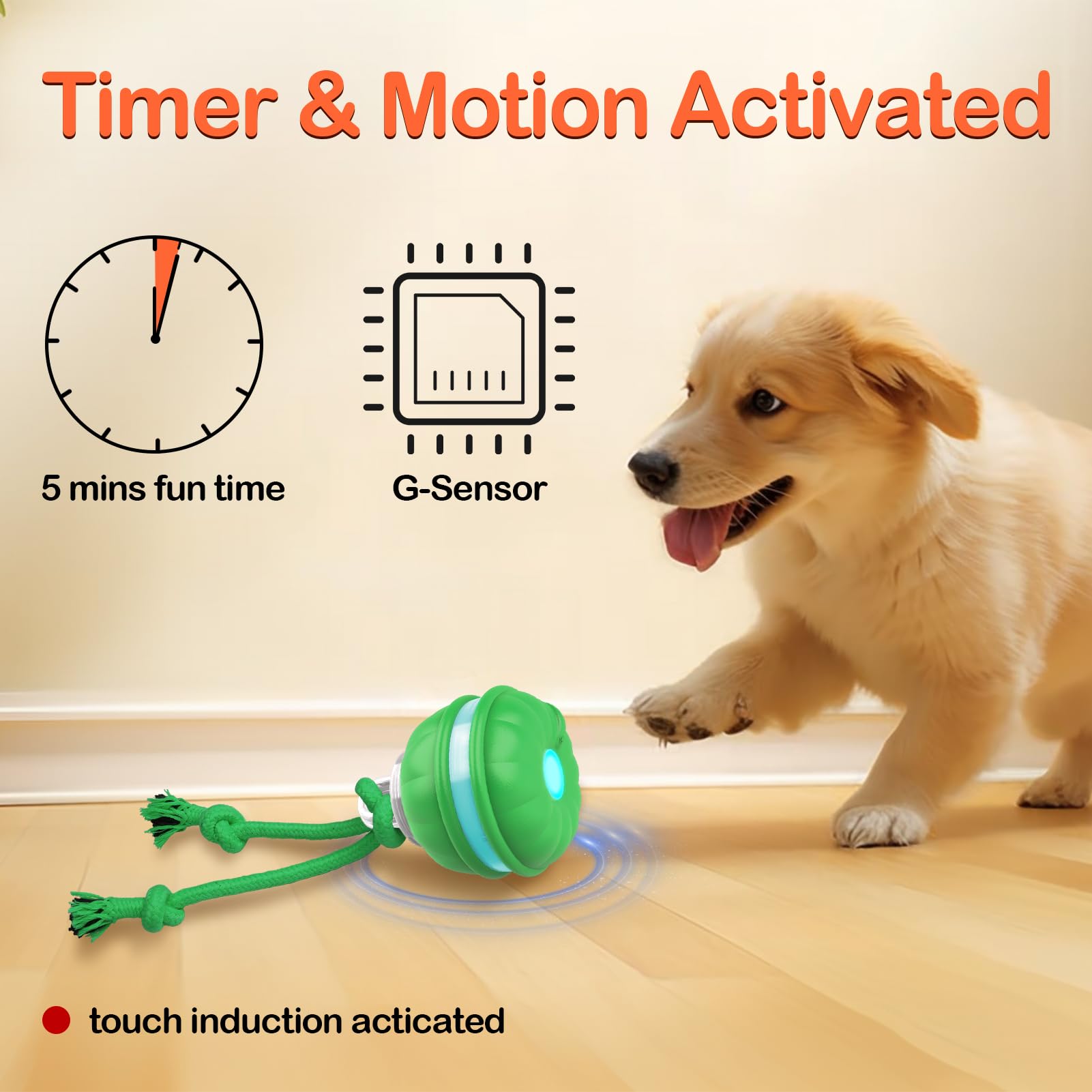 Salodal Interactive Dog Toy - USB Rechargeable Rolling Ball for Small Dogs - Green, Model P38