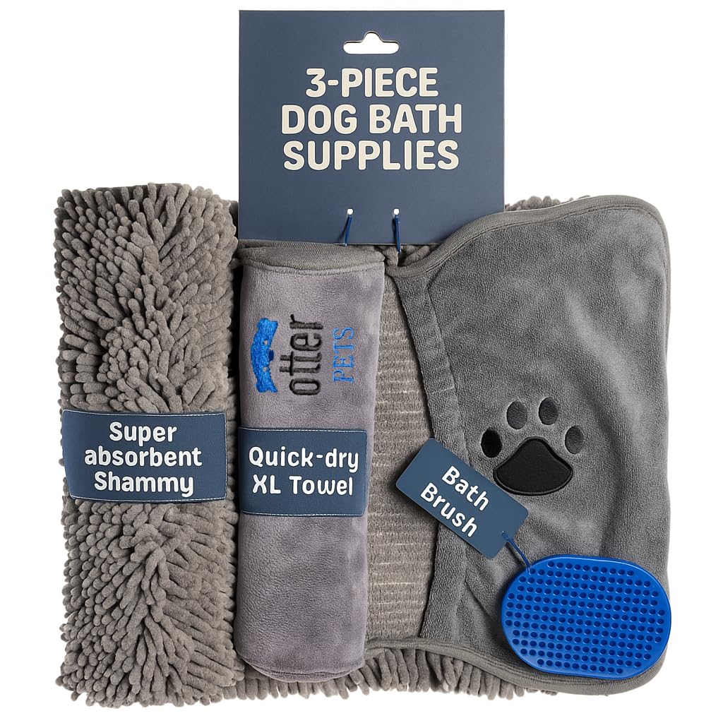 Otterpets Set Of Two Large Dog Towels And Dog Brush, Dog Bath Supplies, Microfiber Towel And Shammy, Dog Towels For Drying Dogs 