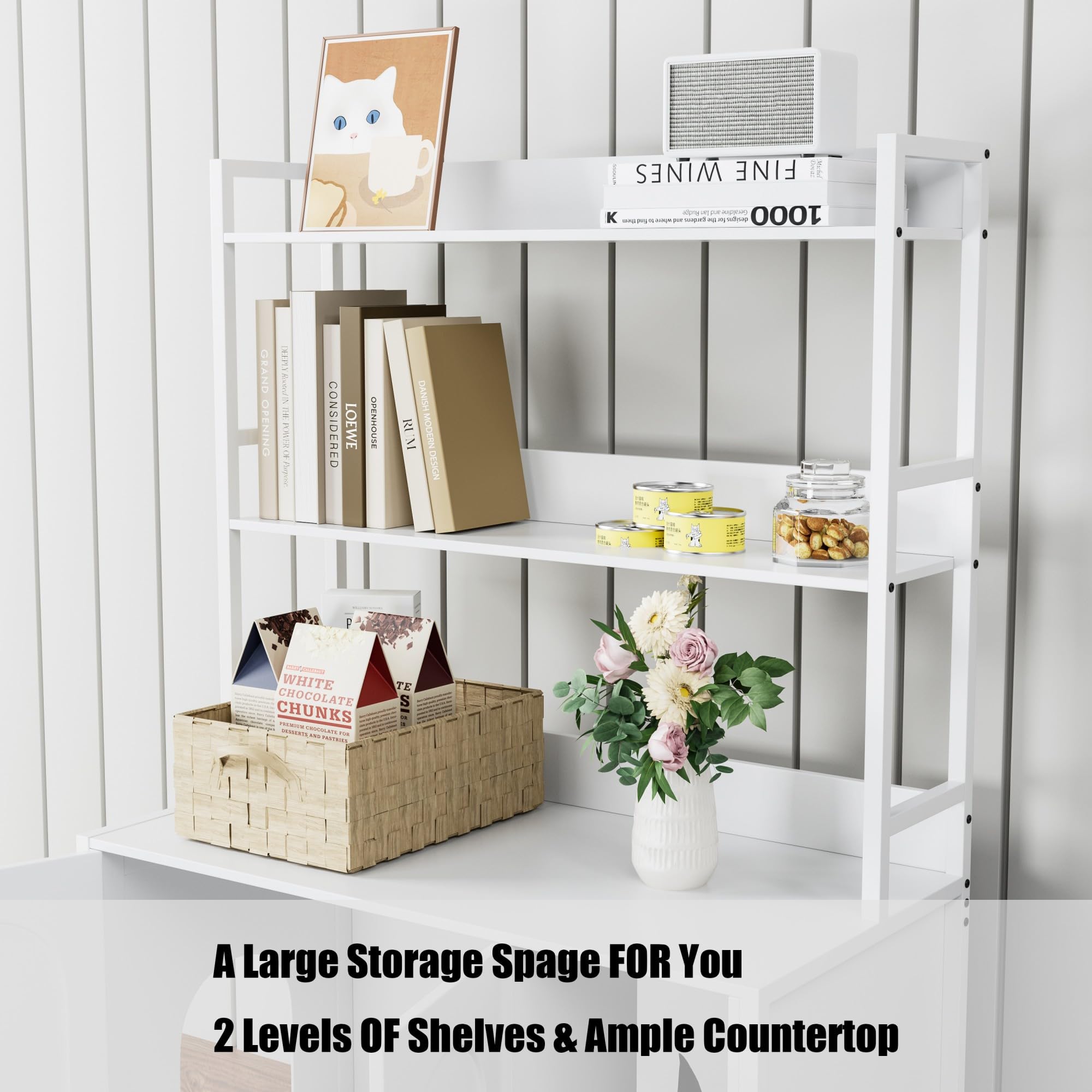 Litter Box Enclosure With 2 Storage Shelves White Hidden Cat Litter Box Furniture With Scratch Pad, Indoor Cat House Kitty Box W