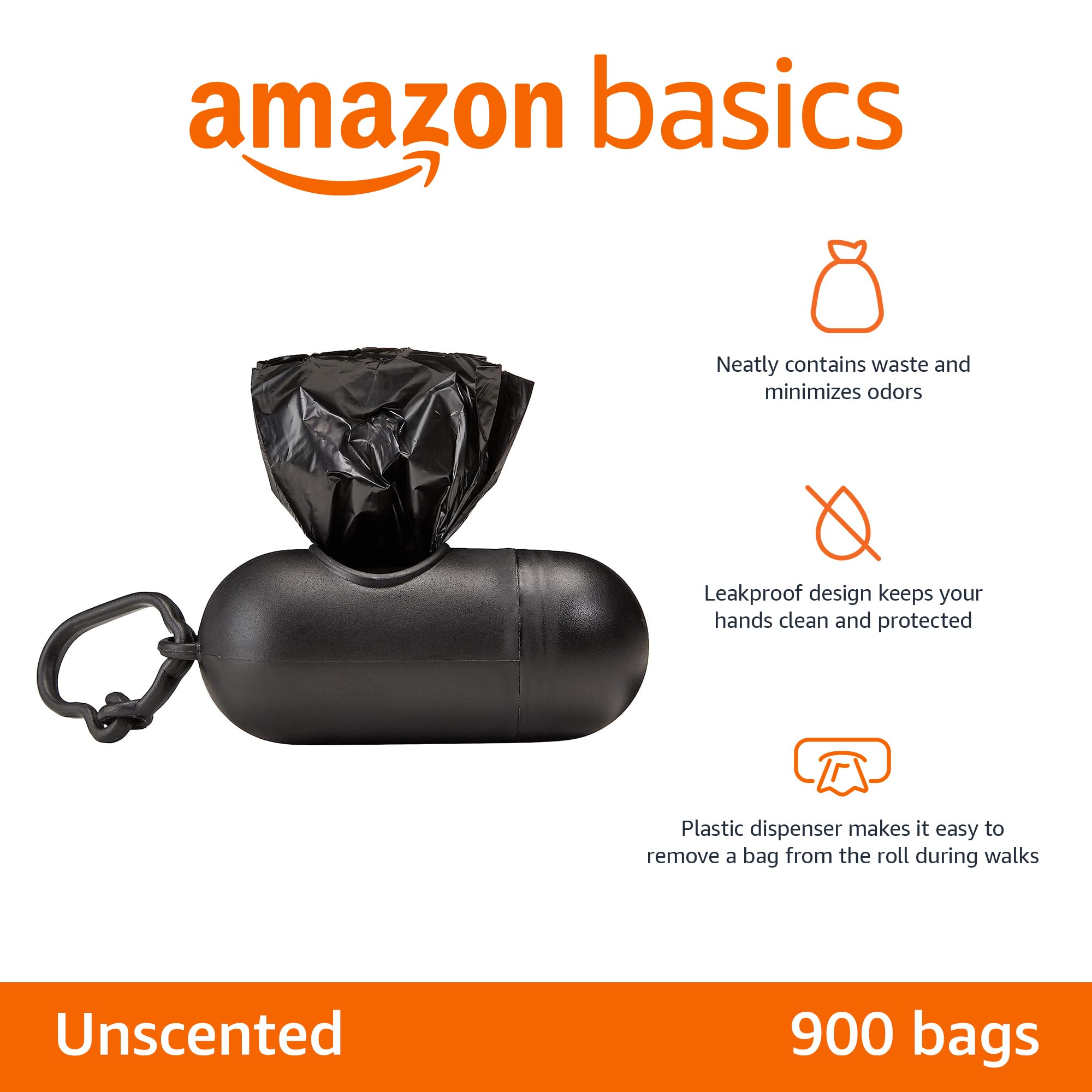 Amazon Basics Dog Poop Bags, Leak Proof, Unscented, 900 Count, 15 Count per Pack, Black, 13 x 9 Inch, Model 100360