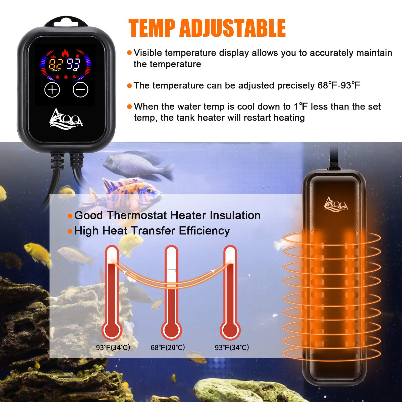Aqqa Aquarium Heater 500W For 66-135 Gallon Fish Tank Heater Quartz Glass Submersible Betta Fish Heater For Aquarium Thermostat Heater For Freshwater And Saltwater (500W For 66-135 Gal)