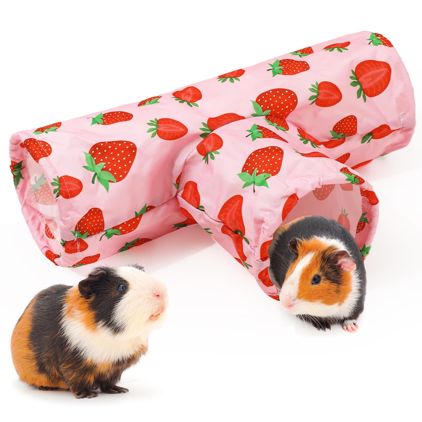 JarThenaAMCS Guinea Pig Tunnel 3 Way Washable Guinea Pig Hideout Pink Strawberry Foldable Rabbit Tunnel Small Animal Toy for Bun
