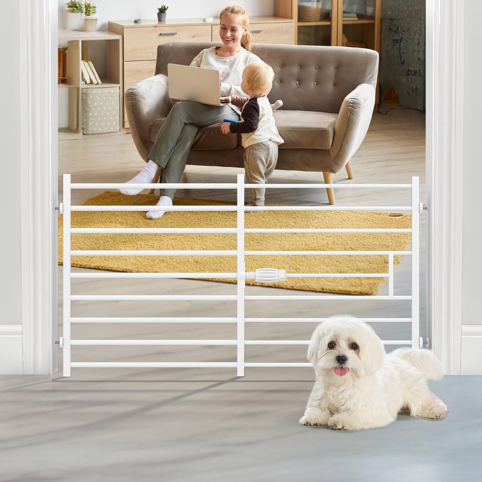 Malier Quick and Easy Setup & Removal Metal Baby Gate for Babies and Pets, 24 Tall Pressure Mounted Dog Gate for Stairs, 29.5-
