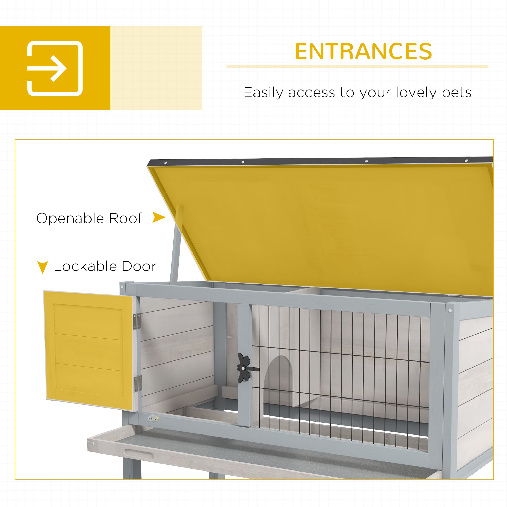 Pawhut Elevated Wooden Rabbit Hutch, Indoor/Outdoor Bunny Cage With Hinged Asphalt Roof And Removable Tray For Guinea Pig, Gray
