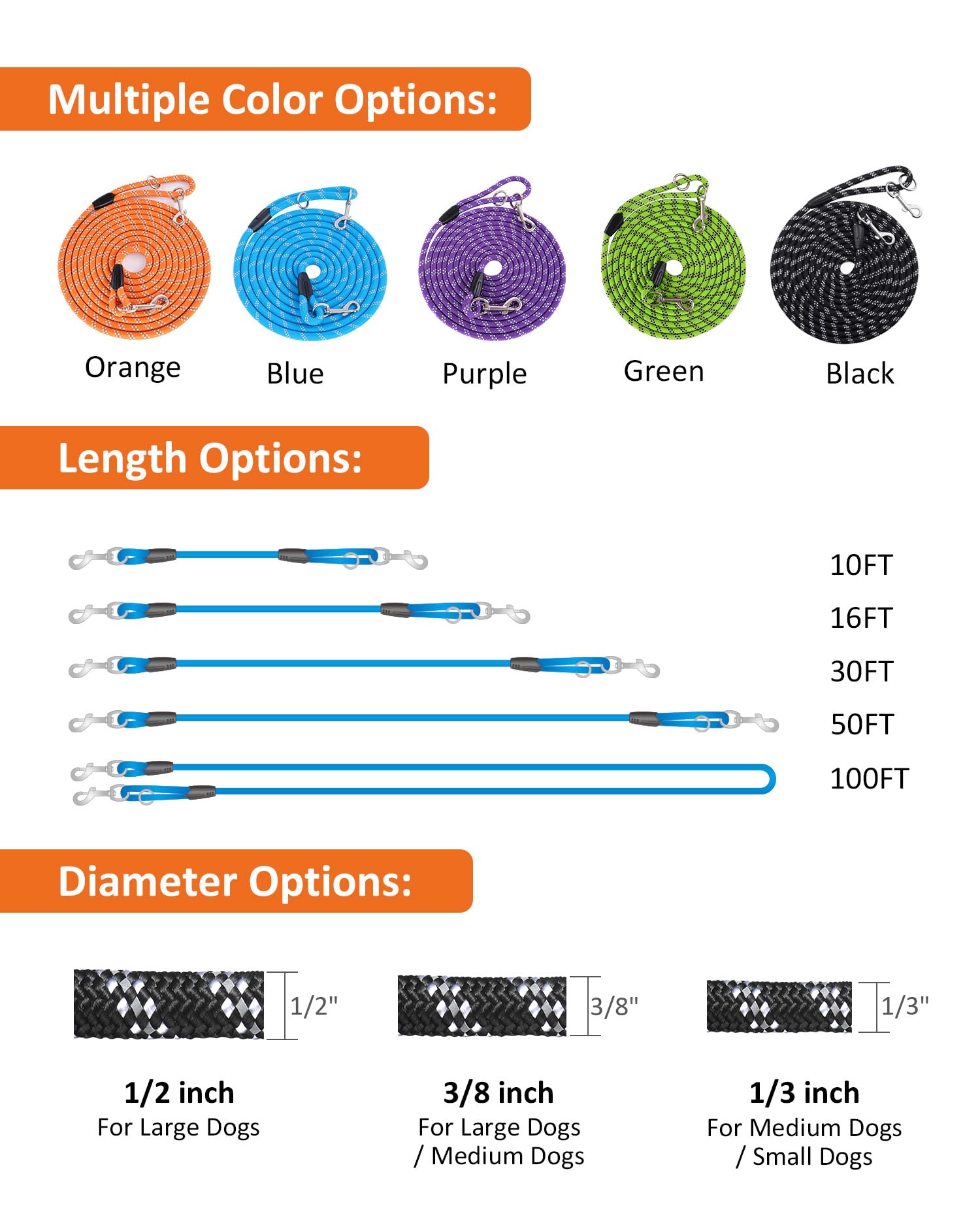 (2 Pack) Long Dog Leash For Dog Training 15Ft/30Ft/50Ft, Dog Rope Check Cord With Reflective Thread For Large Medium Small Dogs, Dog Tie-Out Cable Lead For Hunting, Camping/Backyard
