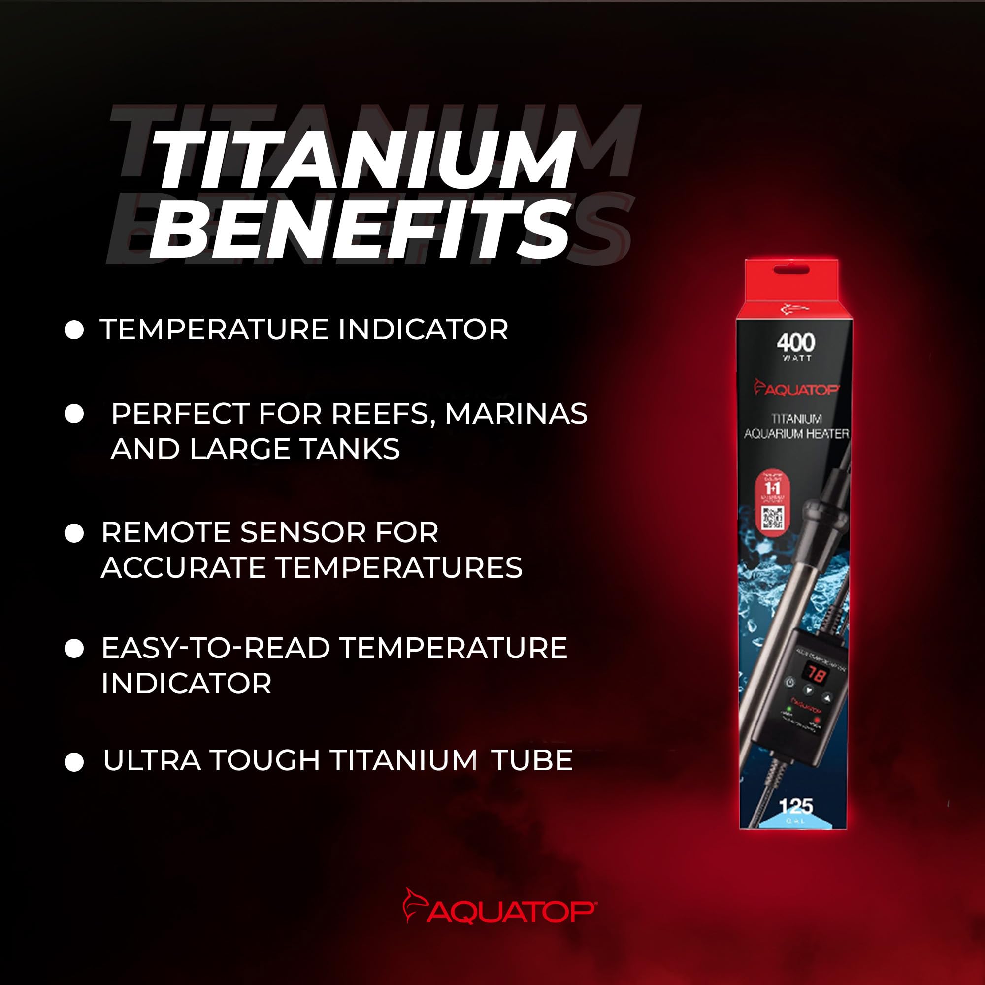 Aquatop 400W Titanium Heater with Controller - Fully Submersible - Up to 125 Gal - 68-92F Adjustable Temperature - for Fresh and