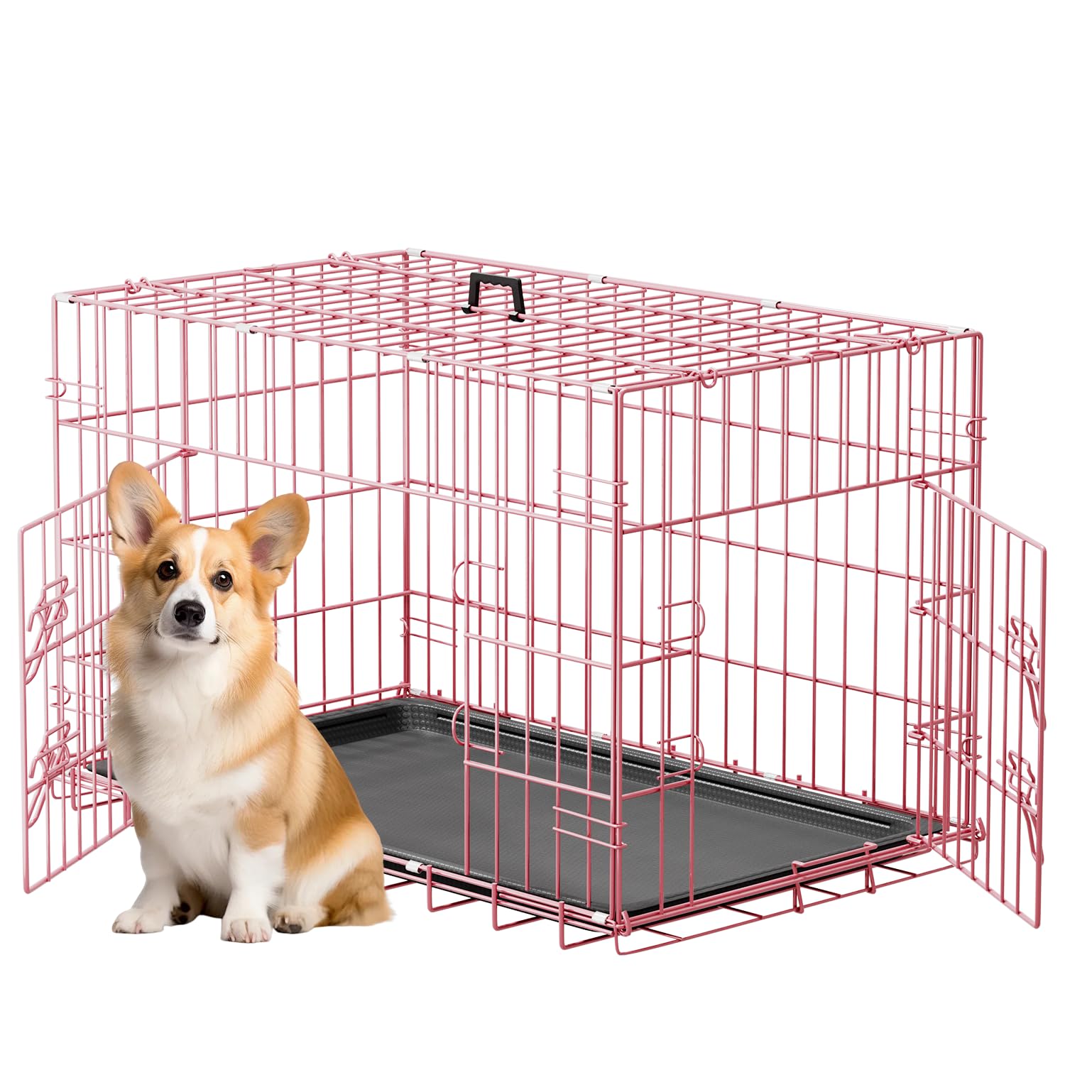 FDW 30inch Dog Crate Pet Cage with Metal Folding Design Plastic Tray Indoor Outdoor Dog Kennel Cage for Small and Medium Dogs,Pi