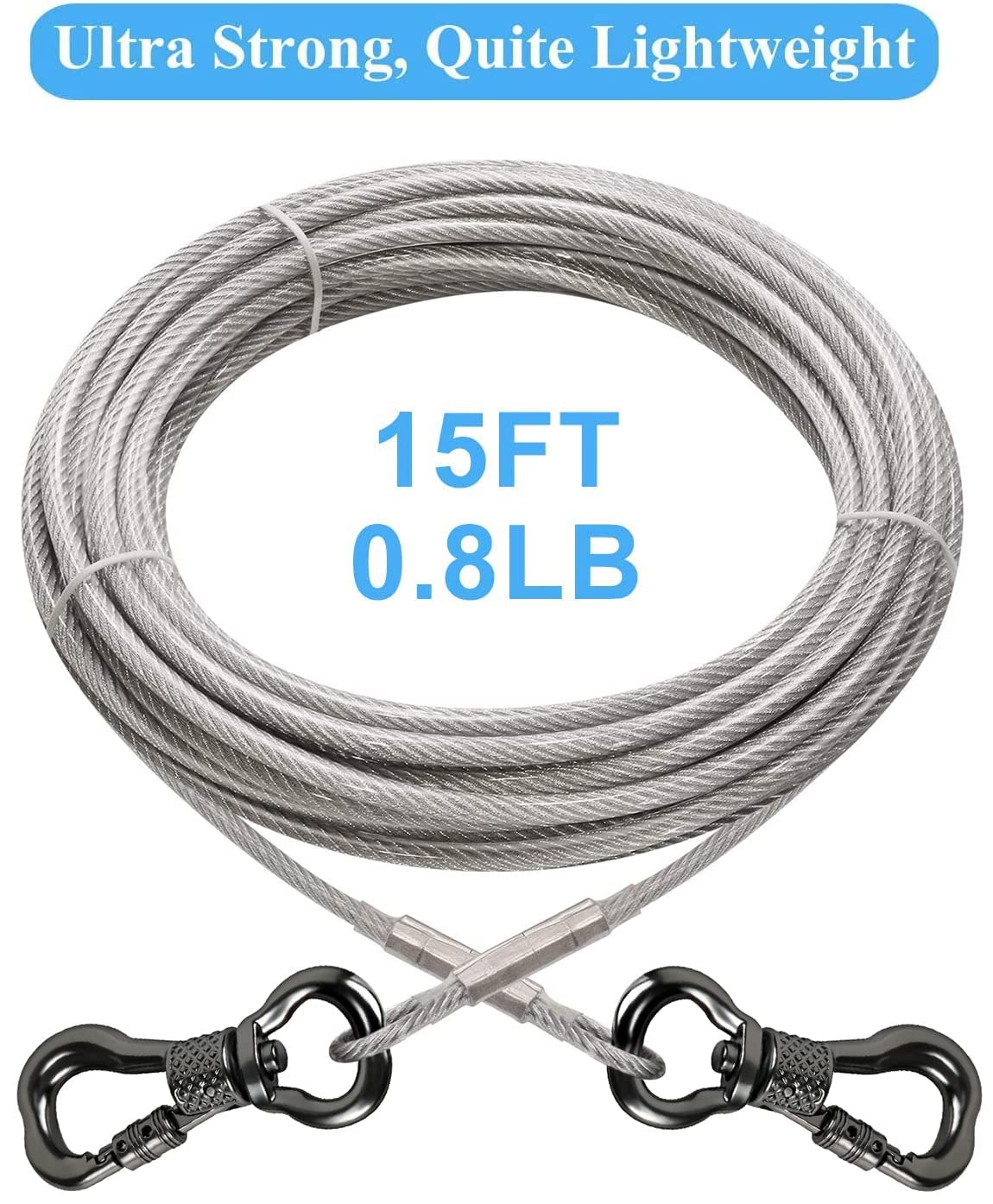 XiaZ Dog Runner Tie Out Cable, 250lbs 15ft, Stainless Steel, Silver, Ideal for Yard, Camping, Park, Outside Use