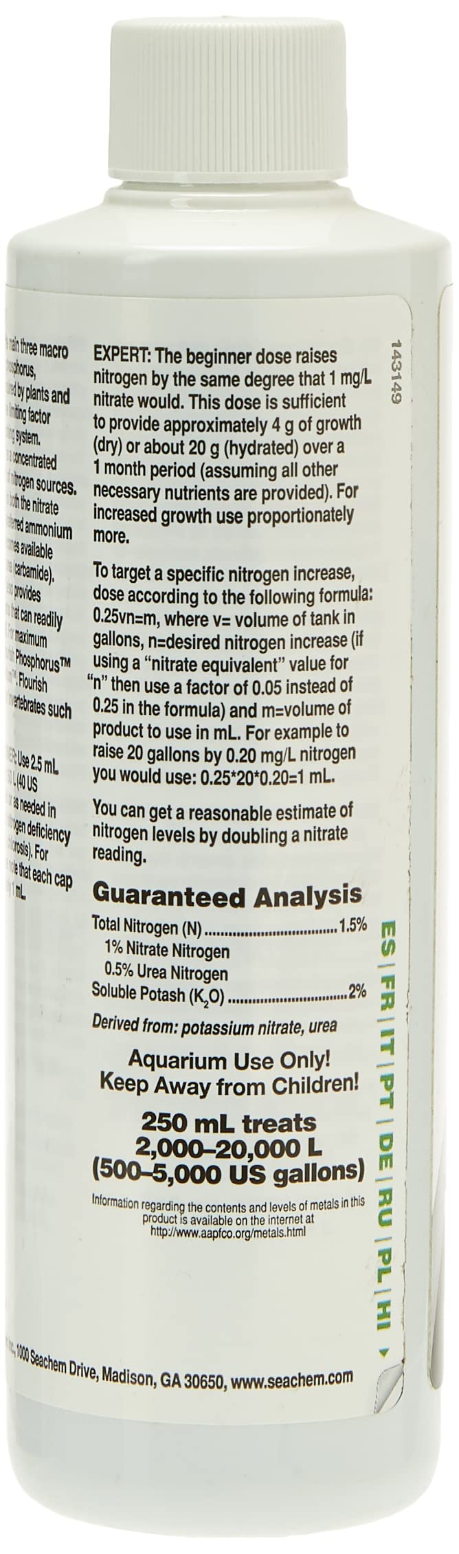 Seachem Flourish Nitrogen Liquid Fertilizer 250ml - Green, Model 626, Essential for Plant Growth