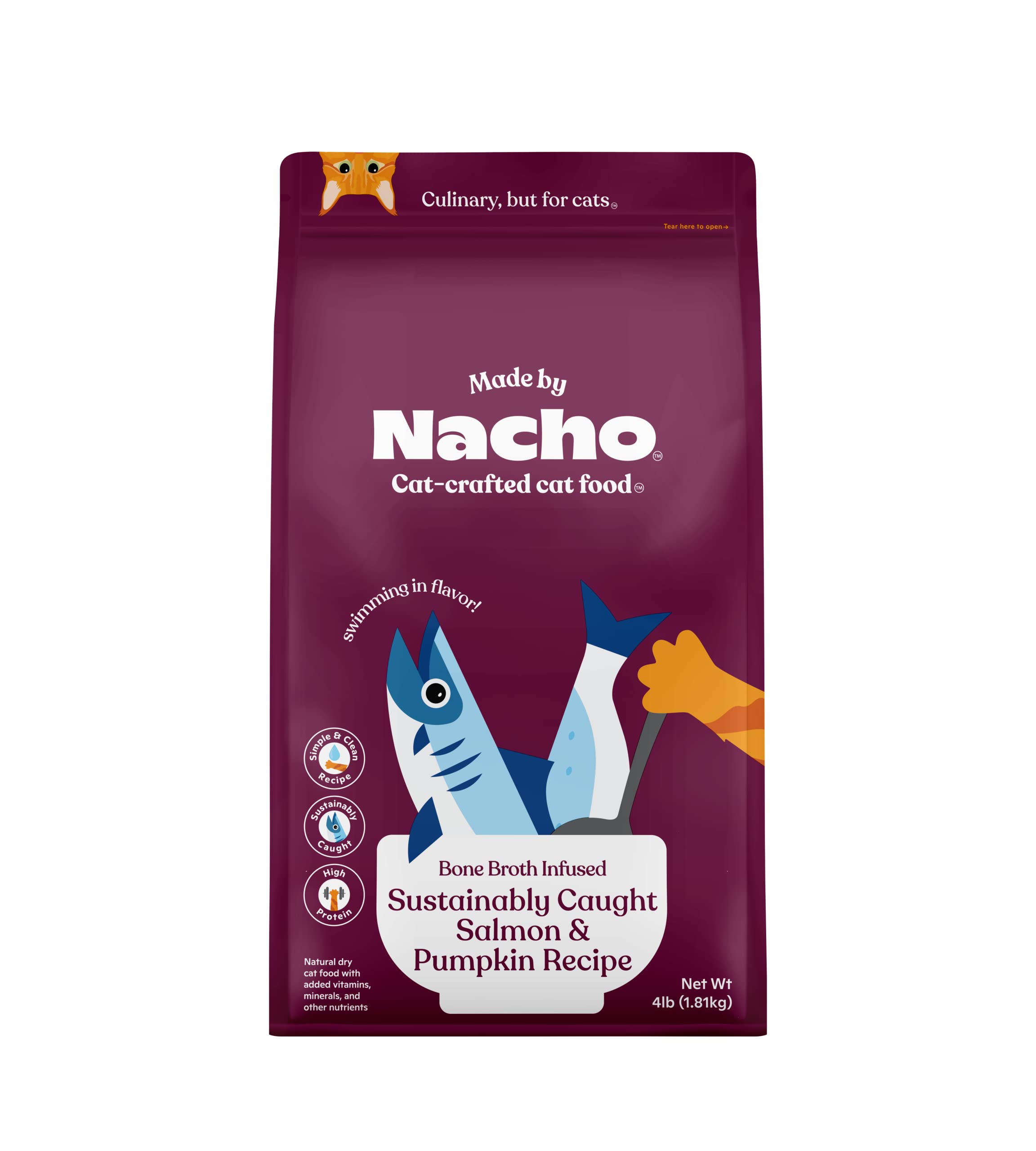 Made by Nacho Bone Broth Infused Dry Cat Kibble - Sustainably Caught Salmon and Pumpkin - Premium Grain-Friendly Cat Food 4lb Ba