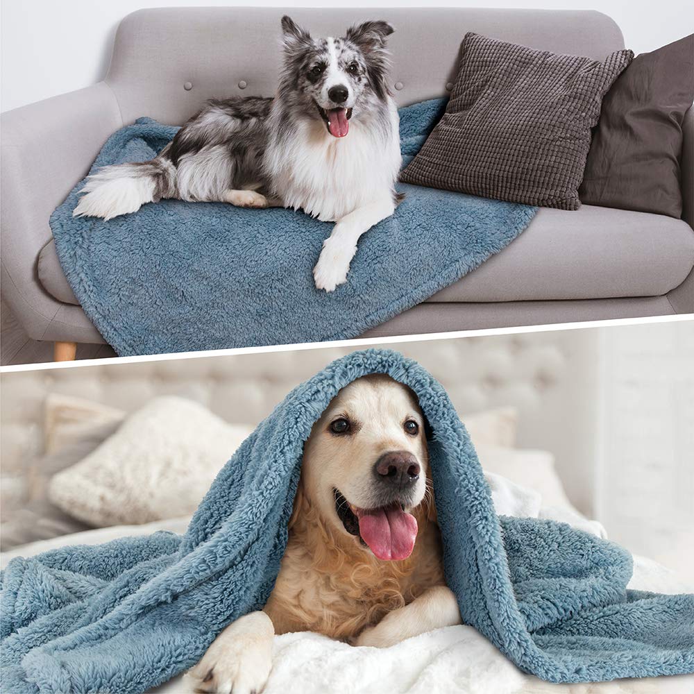 Petami Fluffy Waterproof Dog Blanket For Bed Large Dogs, Soft Warm Pet Sherpa Throw Pee Proof Couch Cover, Reversible Cat Blanket Sofa Crate Kennel Protector, Washable Mat (Dusty Blue, 60X80)