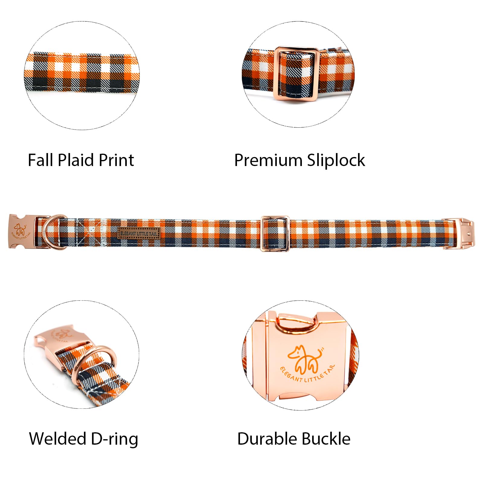 Elegant Little Tail Dog Collar - Orange Plaid Fall Pet Collar With Metal Buckle, Adjustable Cotton Collar For X-Large Dogs, Pupp