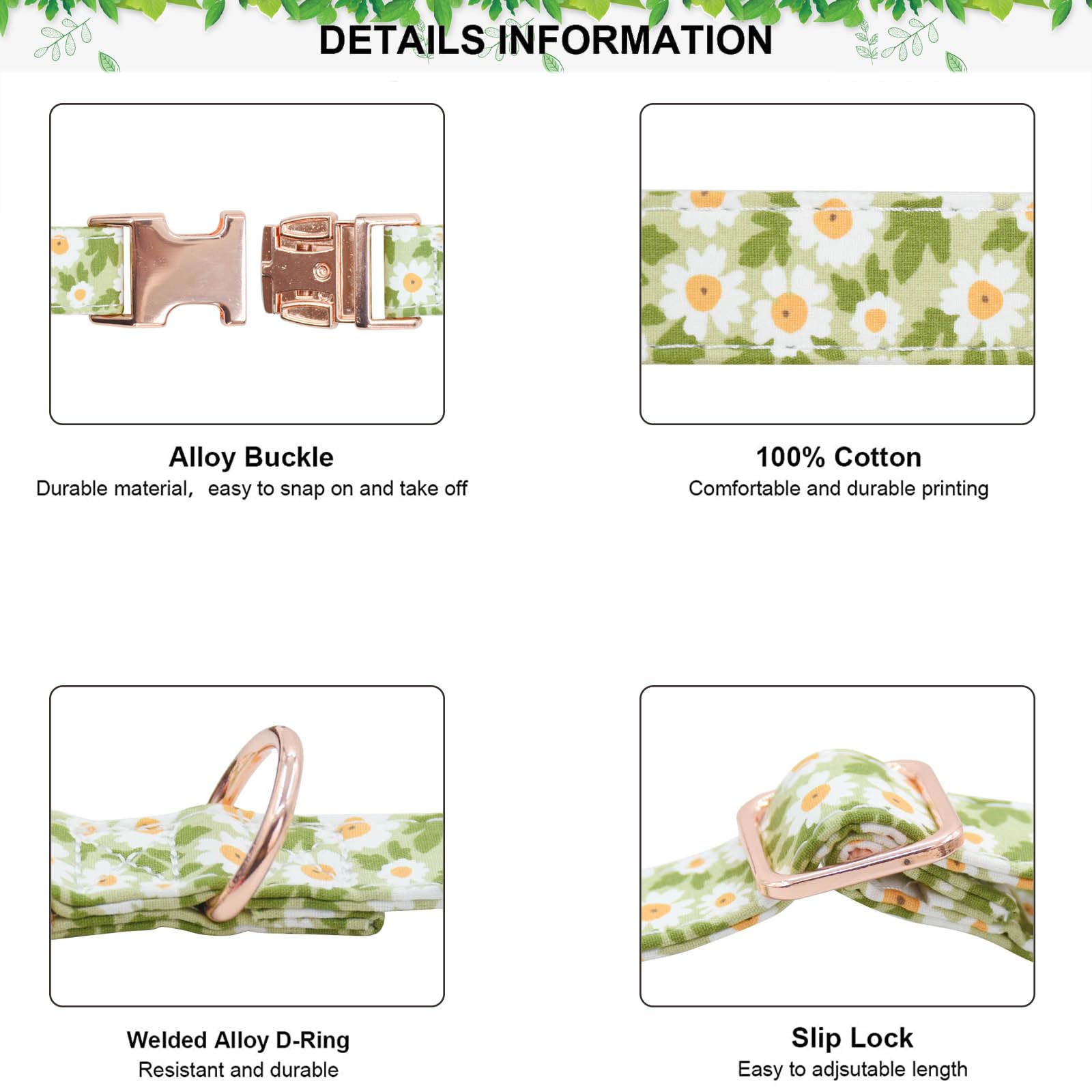 Metal Buckle Dog Collar, Durable Adjustable Dog Collar Soft For Small Medium Large Dogs (003-Green Flower, L(15-23In)