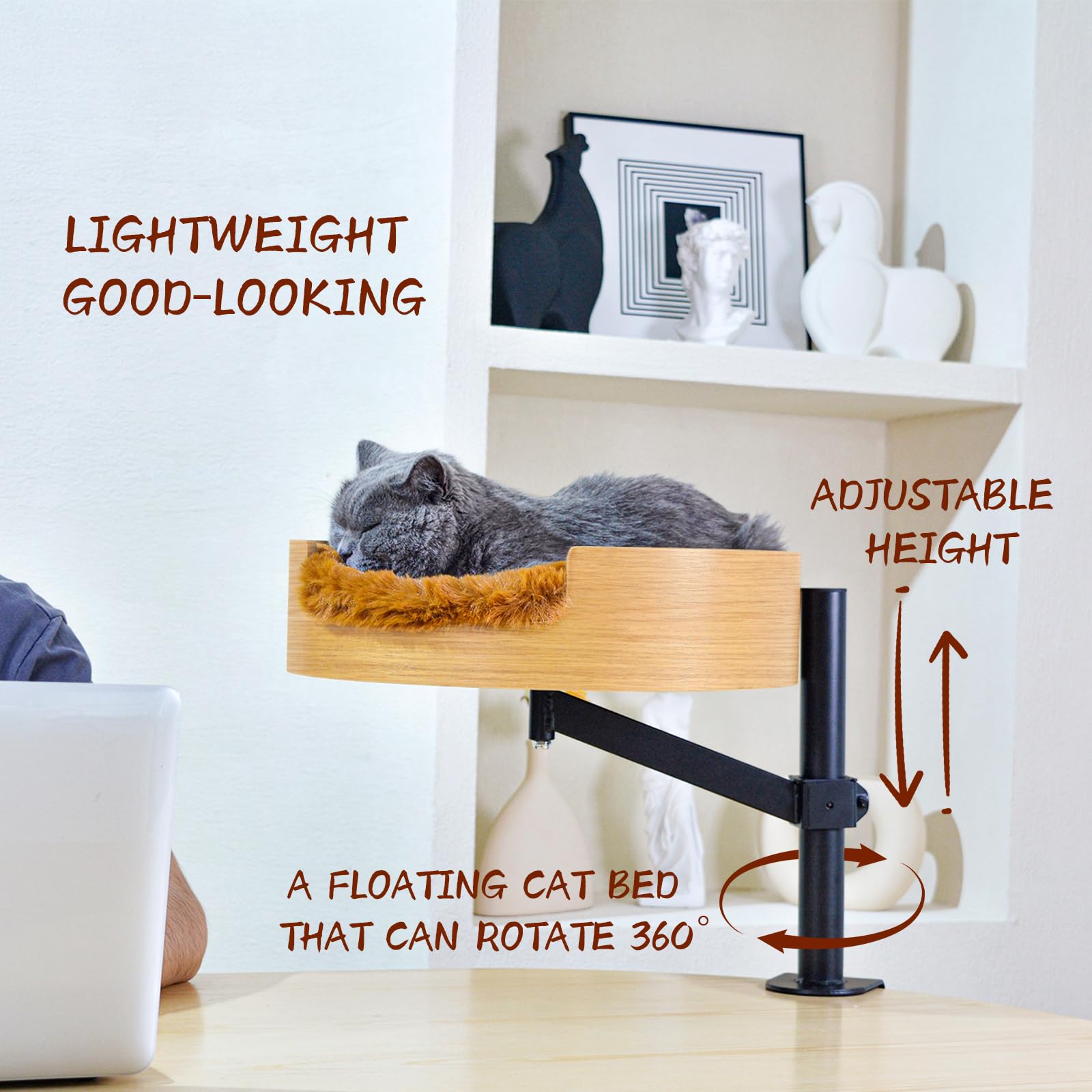 Zbuq Cat Bed Desk With Pet Mat, Cat Hammock For Desk, Cat Bed Desk With Wooden Bowl, 360 Rotation And Adjustable Height, Brown
