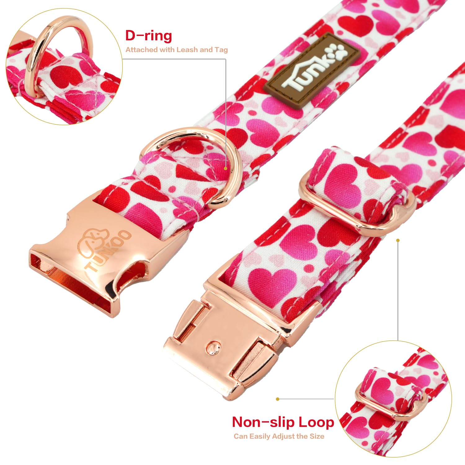 Tunkoo Valentine'S Day Dog Collar With Bow Tie - Adjustable And Adorable Pet Collar - Red Hearts With Rose Gold Buckle For Large