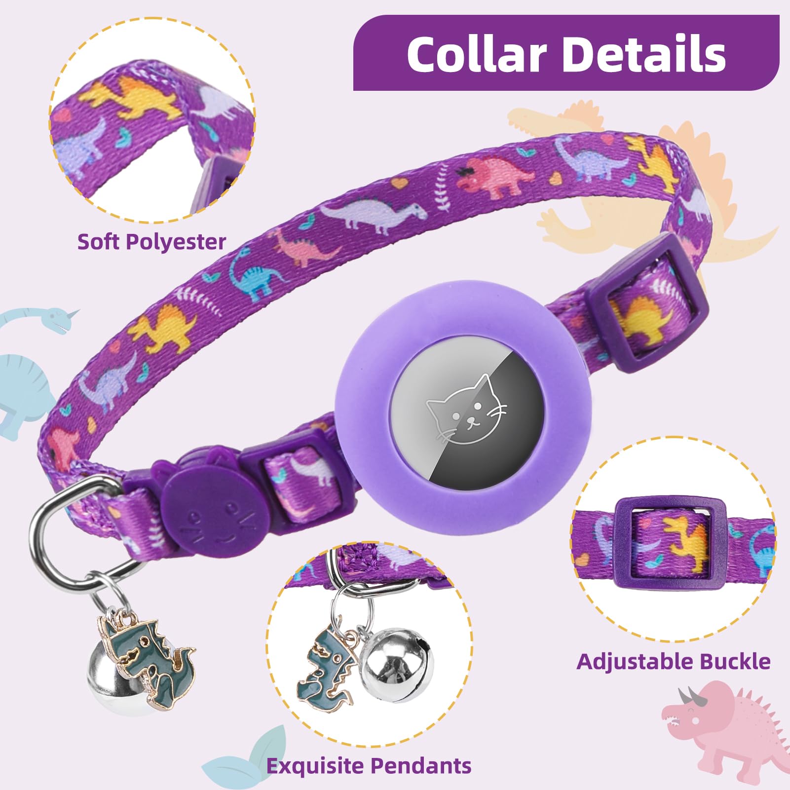 Pupteck Airtag Cat Collar Breakaway 2 Pack With Bells, Reflective Kitten Collar With Air Tag Holder For Boy Girl Kitty And Puppies, Soft, Purple