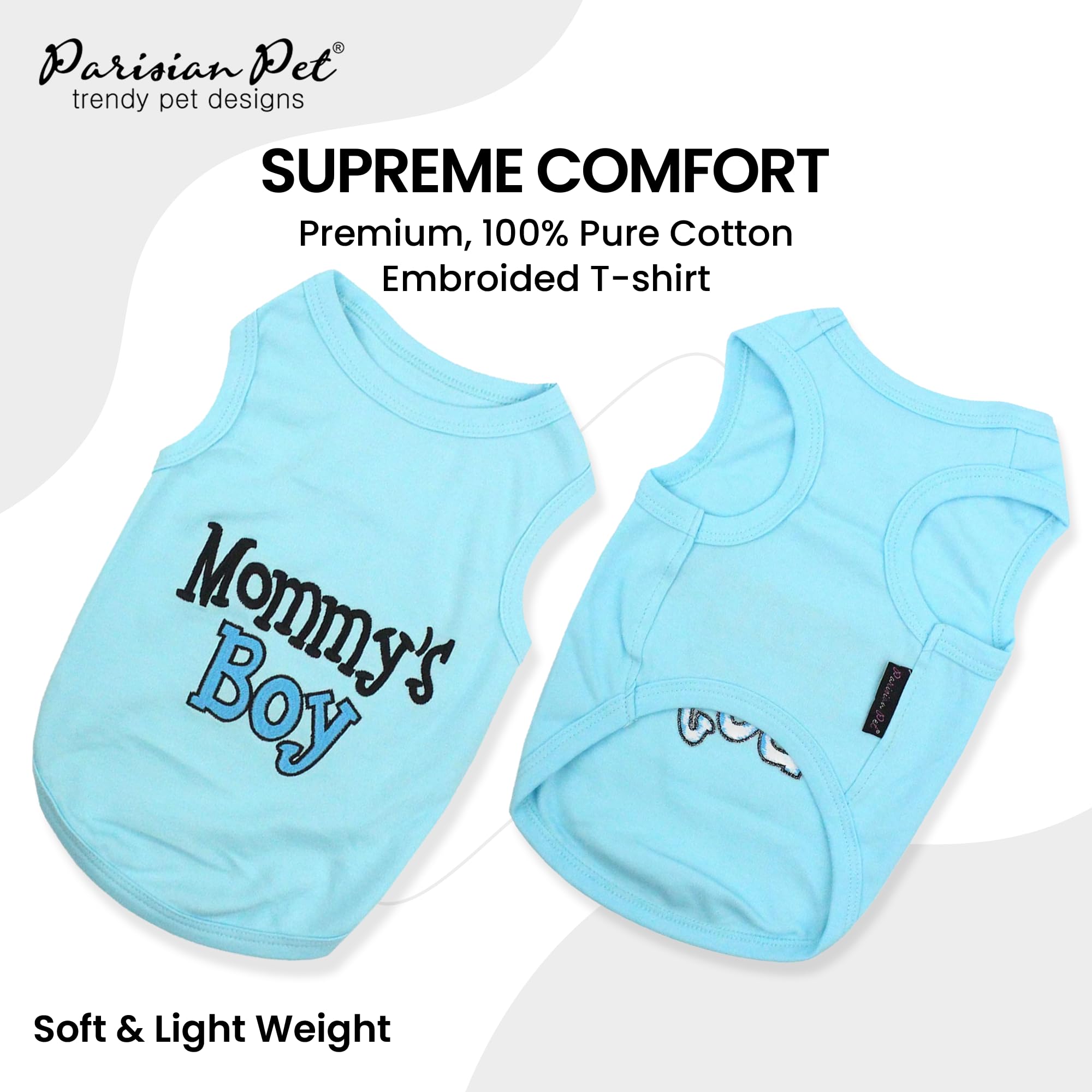 Parisian Pet Dog T-Shirt With Embroidered 'Mommy’S Boy' Words - 100% Cotton Boy Dog Clothes - Breathable Mamas Boy Dog Shirt - Machine Washable Dog Shirts For Small Dogs, Xs