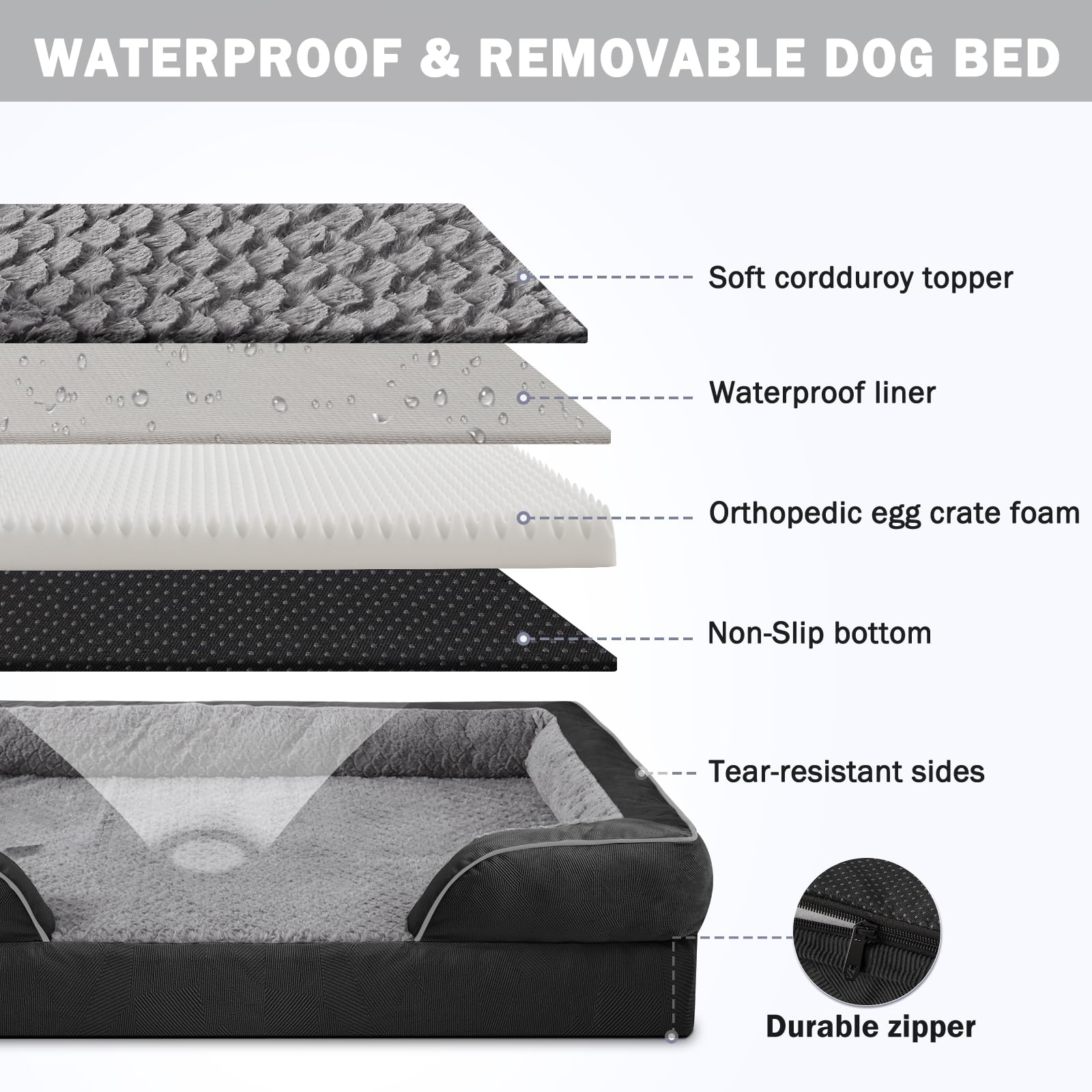 INVENHO Orthopedic Dog Beds Large Sized, XL Egg-Crate Foam Dog Couch with Washable Removable Cover, Waterproof Lining and Nonski